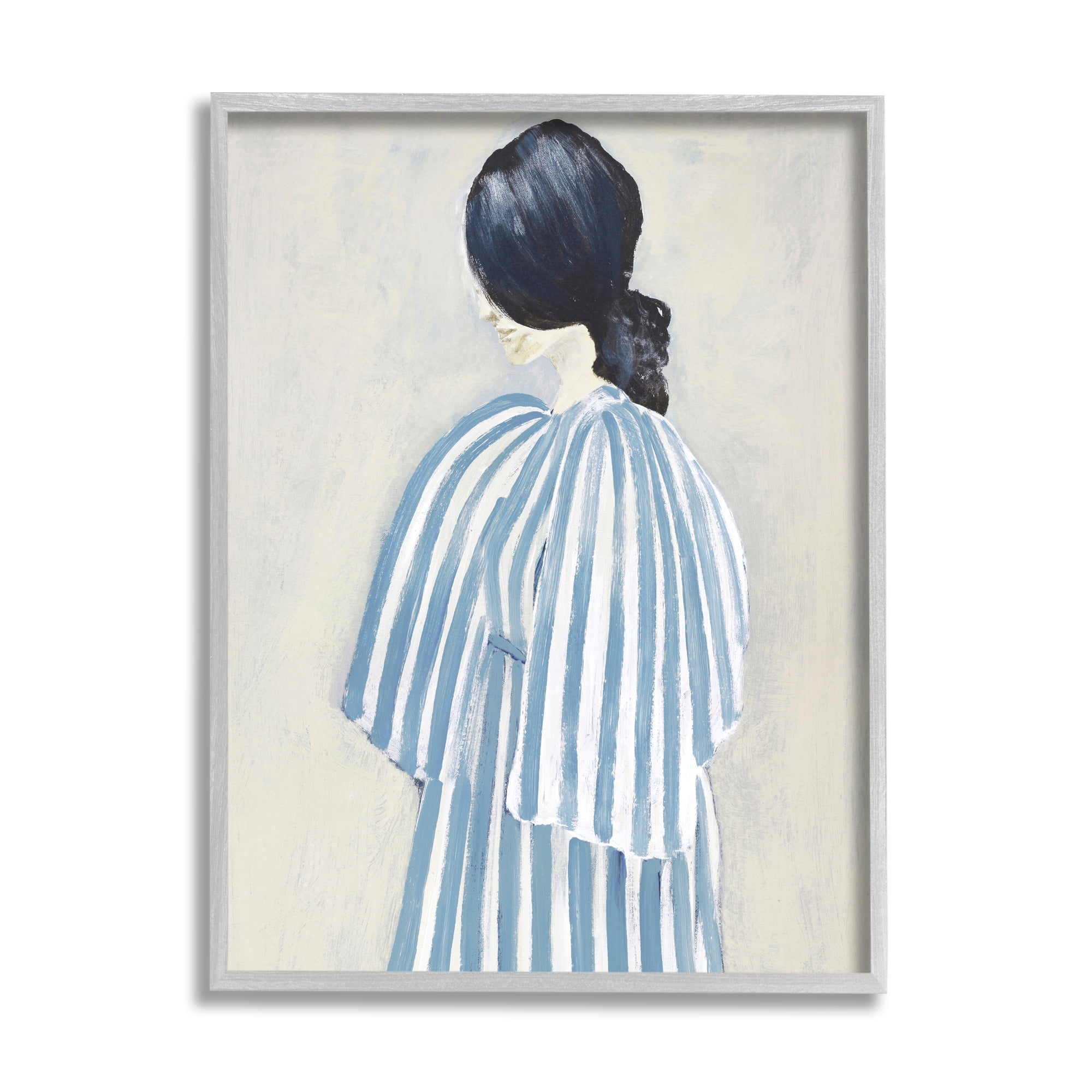Stupell Industries Girl in Blue Striped Dress Beauty & Fashion Painting Gray Framed Art Print Wall Art, 11 x 14
