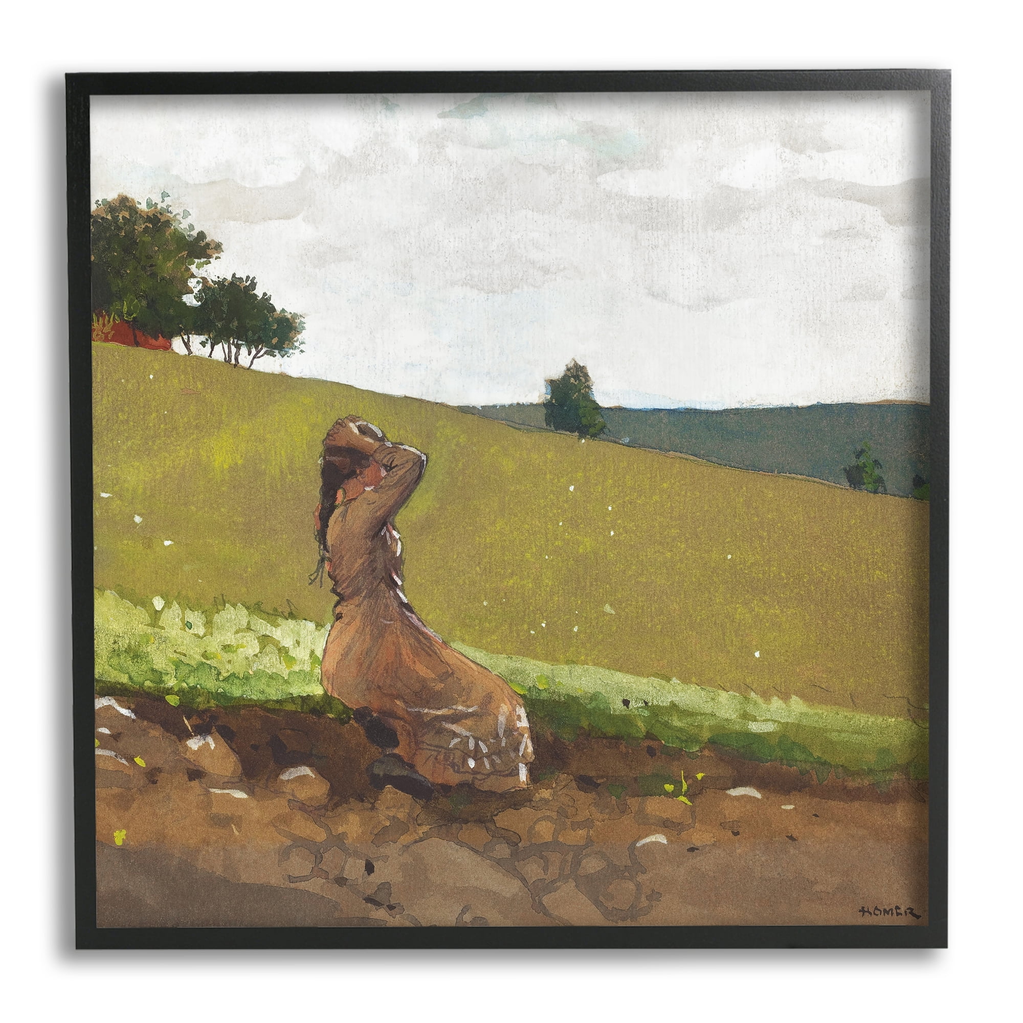 Stupell Industries Girl in Field Landscape Landscape Painting Black Framed Art Print Wall Art, 24 x 24