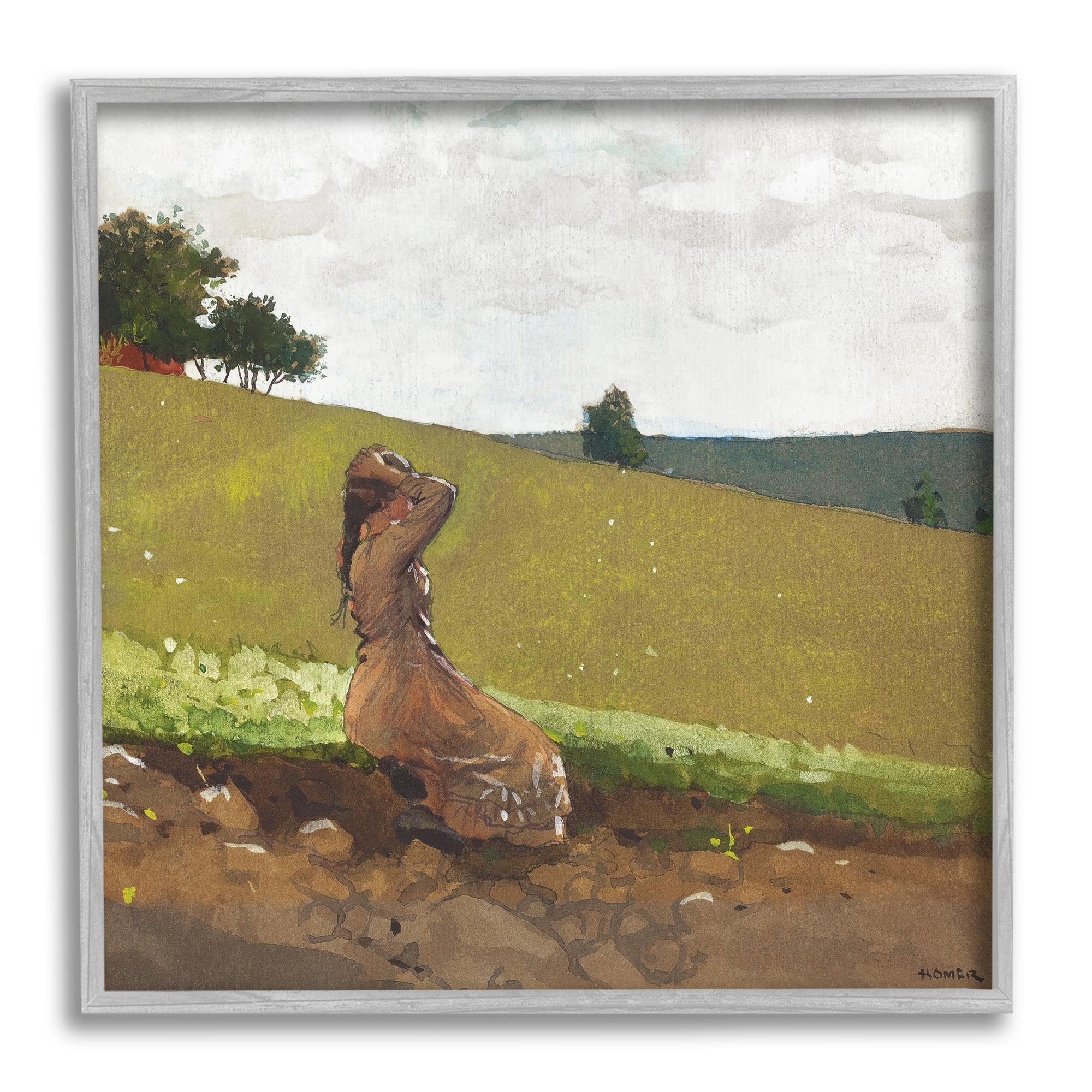 Stupell Industries Girl in Field Landscape Landscape Painting Gray Framed Art Print Wall Art, 17 x 17