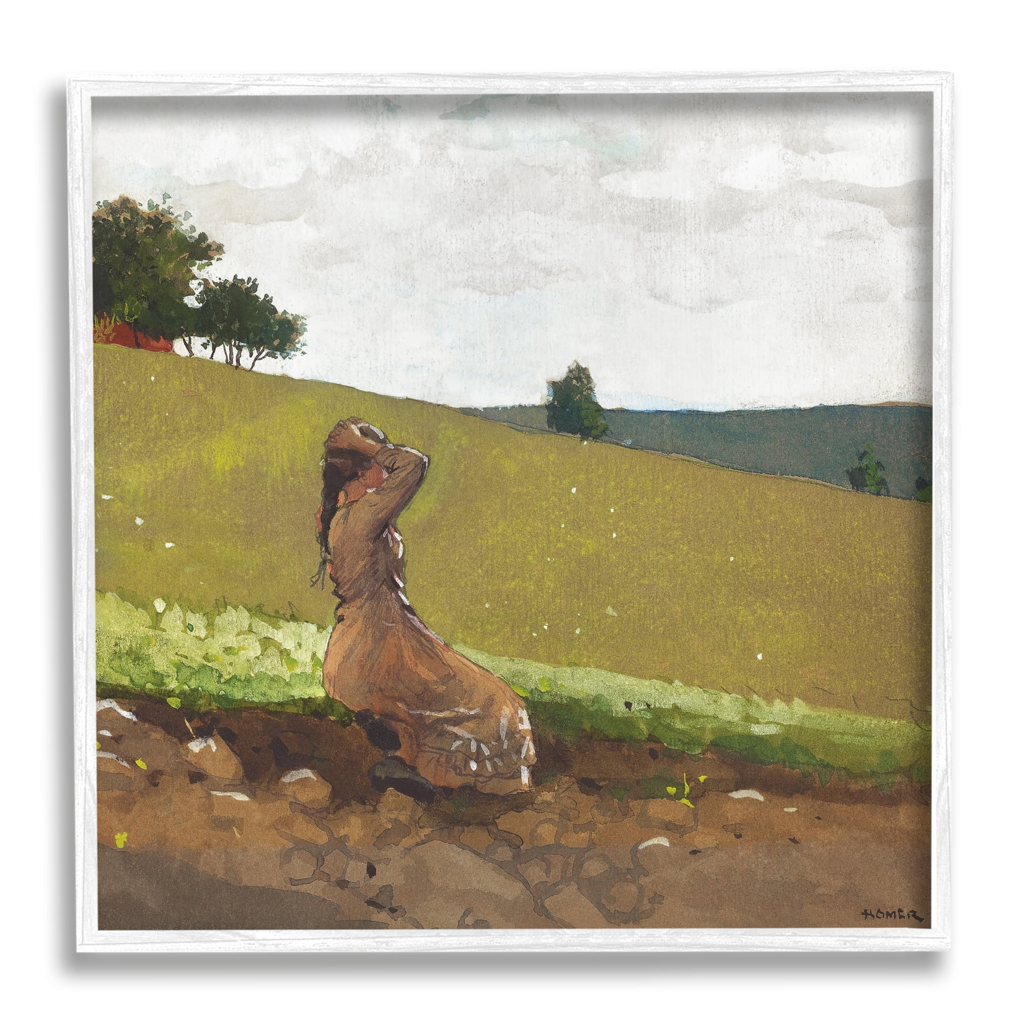 Stupell Industries Girl in Field Landscape Landscape Painting White Framed Art Print Wall Art, 12 x 12