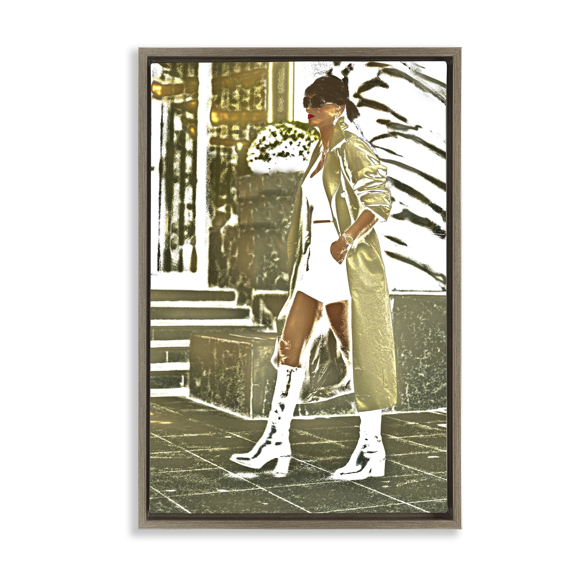 Stupell Industries Girl in Gold Trenchcoat People Painting Brown Floater Framed Canvas Art Print Wall Art, 17 x 25