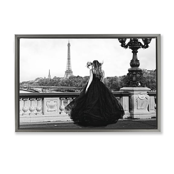 Stupell Industries Girl in Gown Cityscape People Photography Gray Floater Framed Canvas Art Print Wall Art, 25 x 17