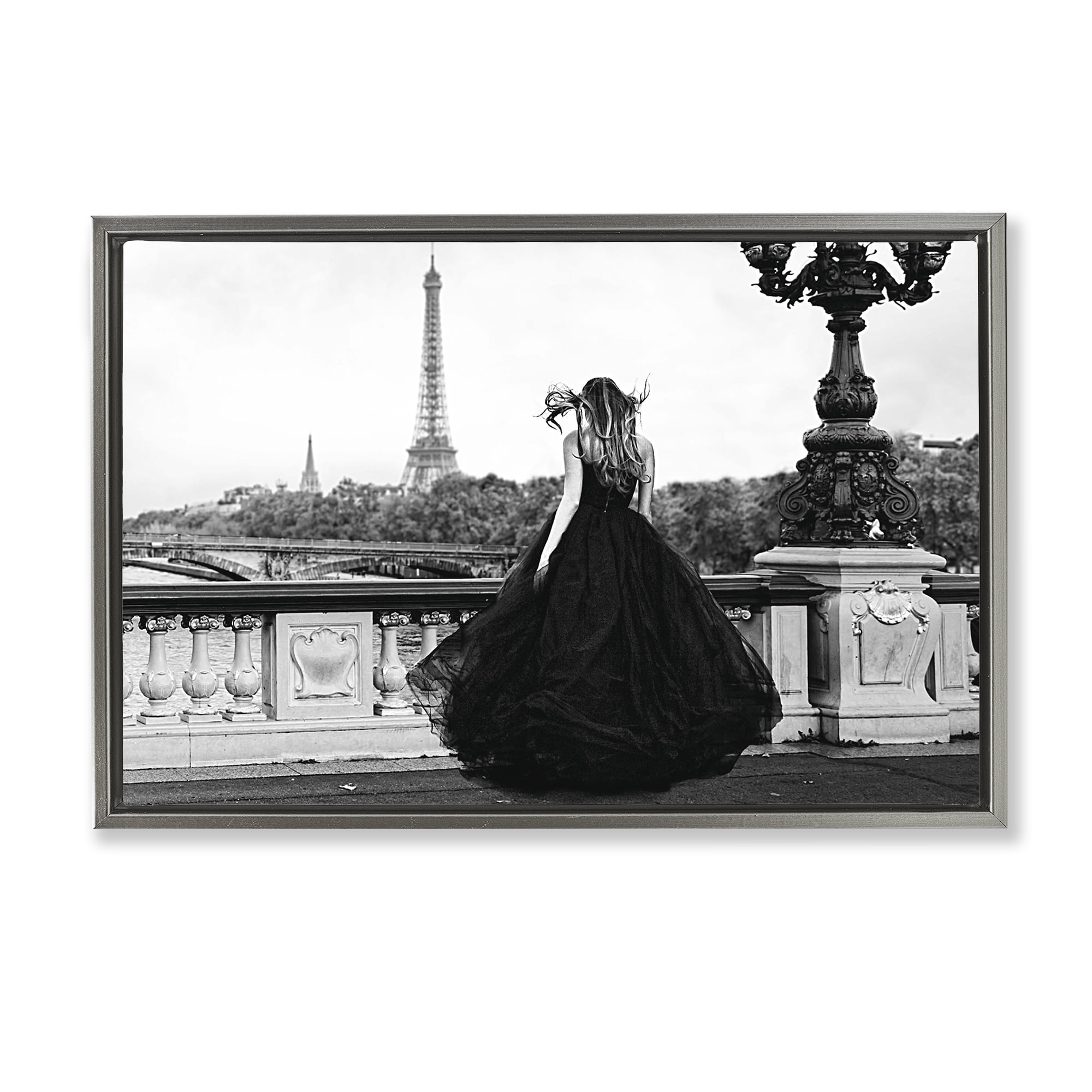 Stupell Industries Girl in Gown Cityscape People Photography Gray Floater Framed Canvas Art Print Wall Art, 31 x 21