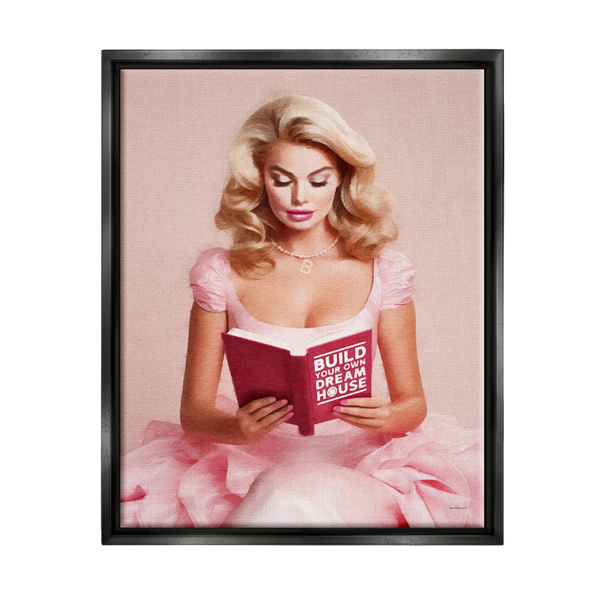 Stupell Industries Girl in Pink Reading Literature & Flim Painting Black Floater Framed Canvas Art Print Wall Art, 17 x 21