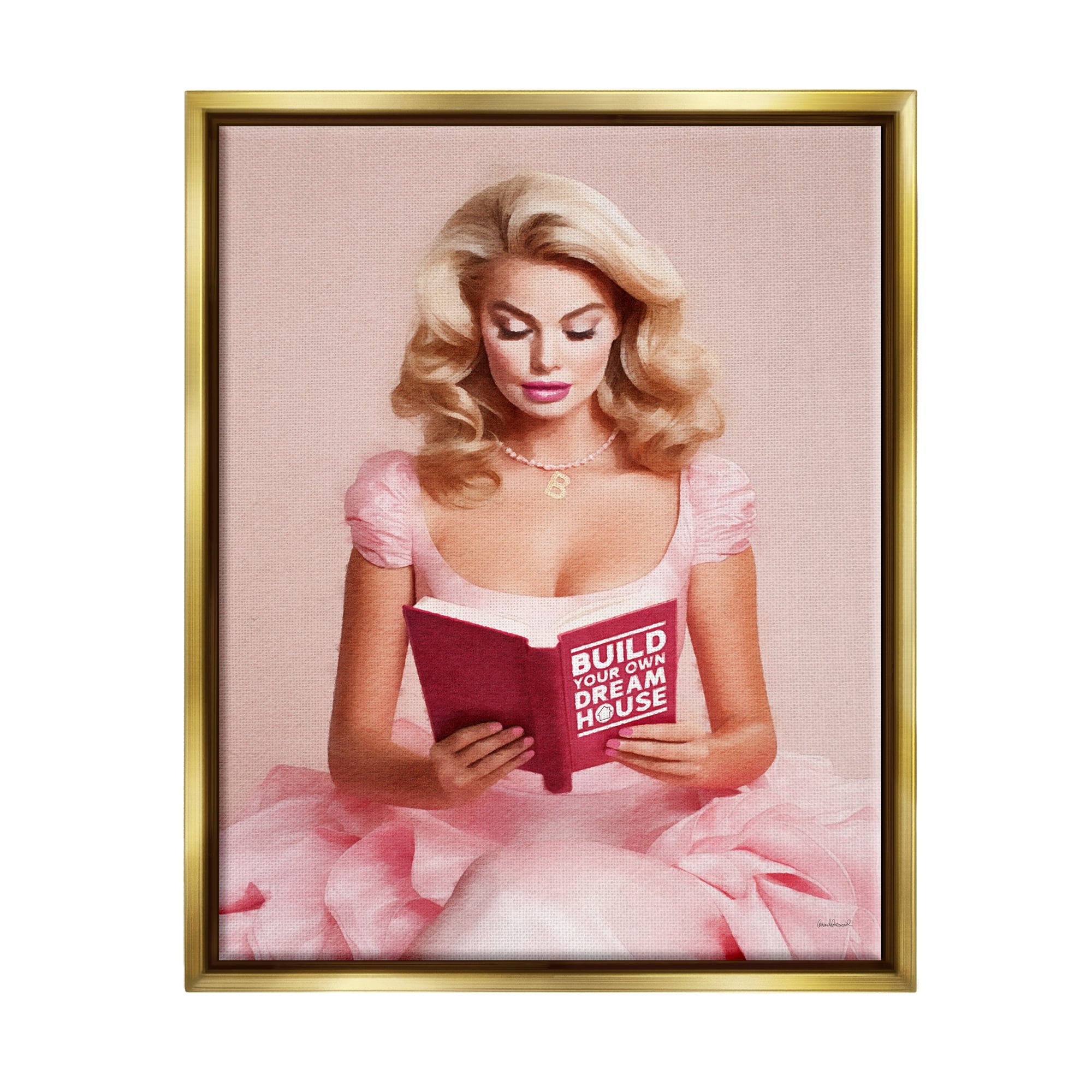 Stupell Industries Girl in Pink Reading Literature & Flim Painting Gold Floater Framed Canvas Art Print Wall Art, 17 x 21