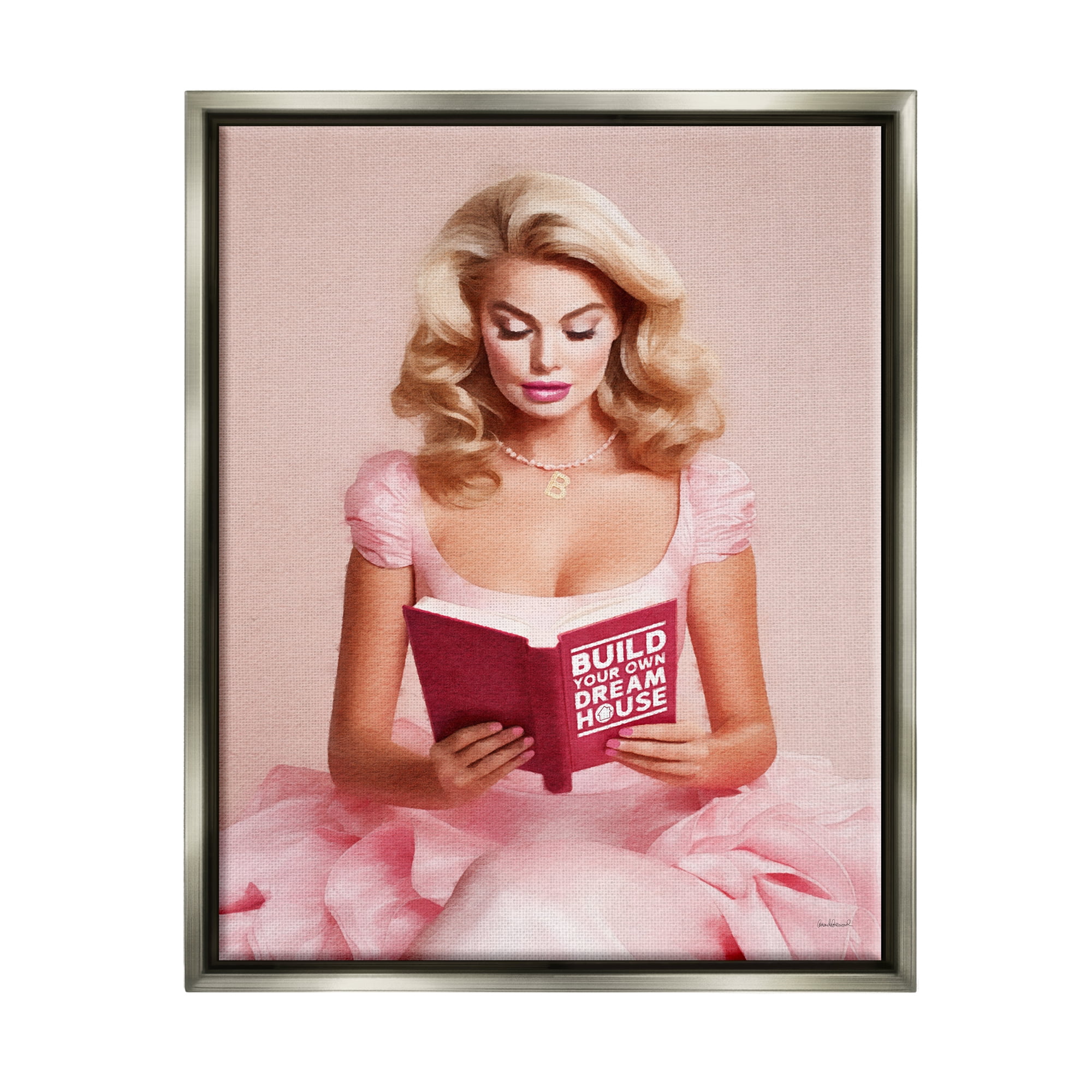 Stupell Industries Girl in Pink Reading Literature & Flim Painting Gray Floater Framed Canvas Art Print Wall Art, 17 x 21