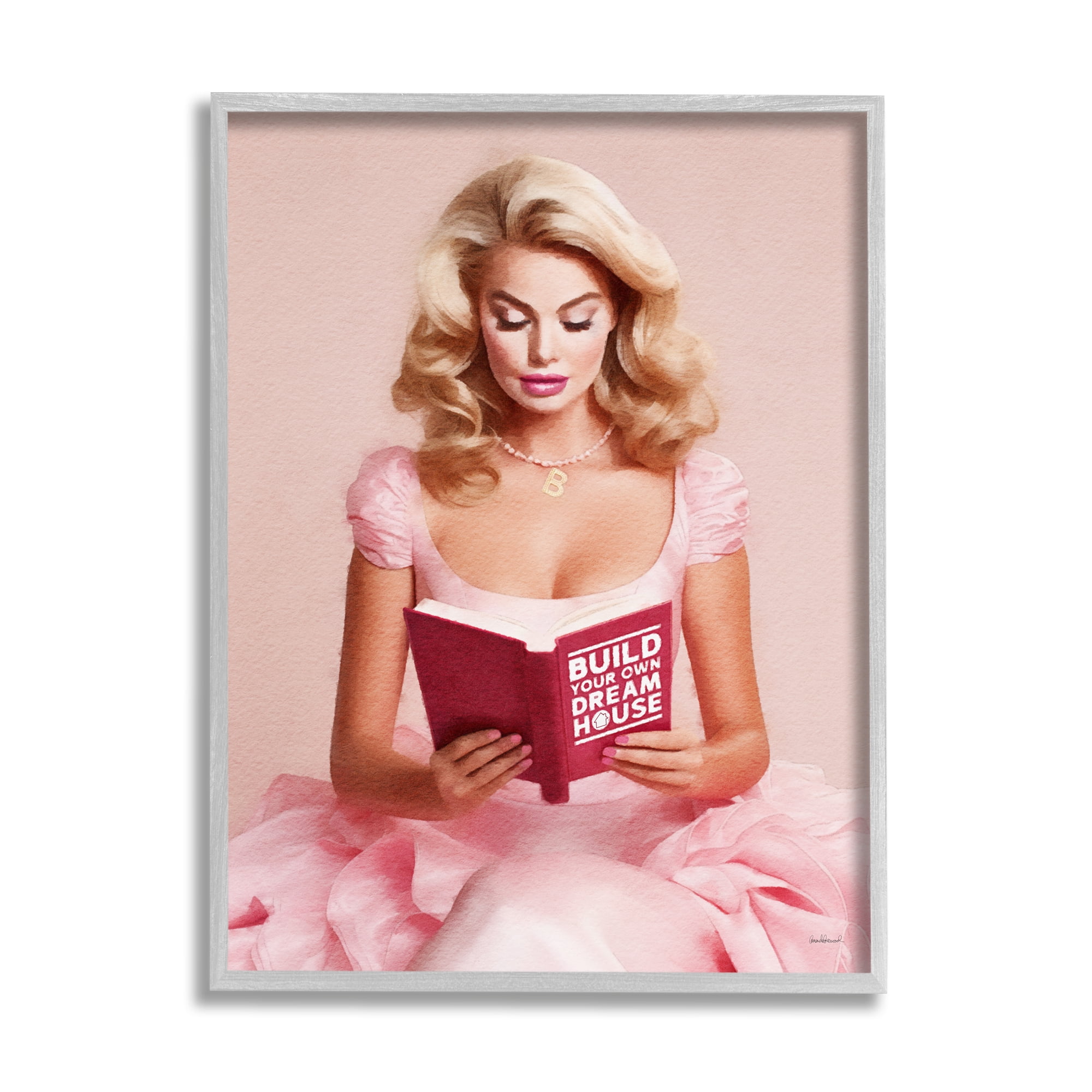 Stupell Industries Girl in Pink Reading Literature & Flim Painting Gray Framed Art Print Wall Art, 16 x 20