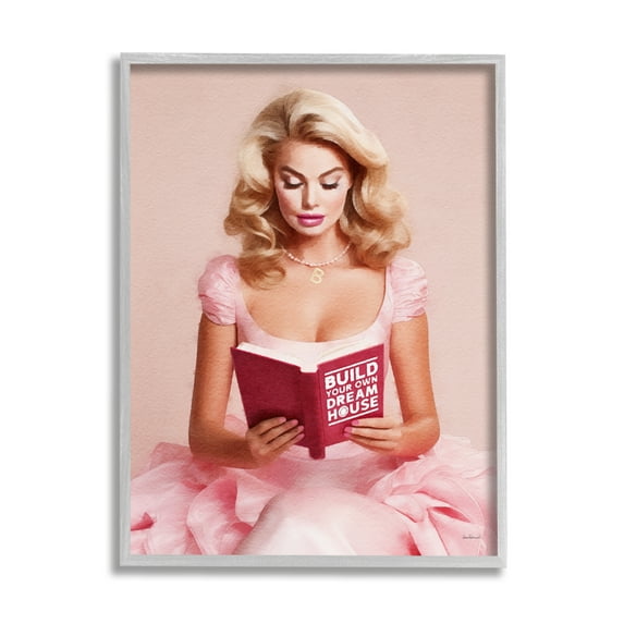 Stupell Industries Girl in Pink Reading Literature & Flim Painting Gray Framed Art Print Wall Art, 24 x 30