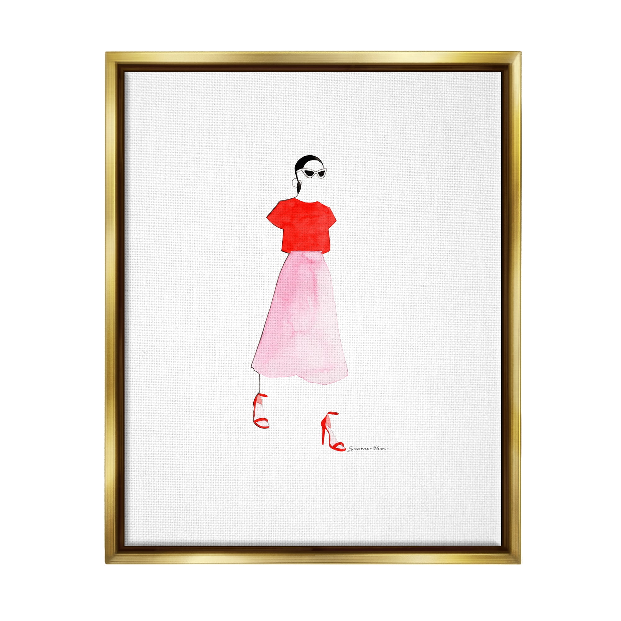 Stupell Industries Girl in Pink & Red Beauty & Fashion Painting Gold Floater Framed Art Print Wall Art, 25 x 31