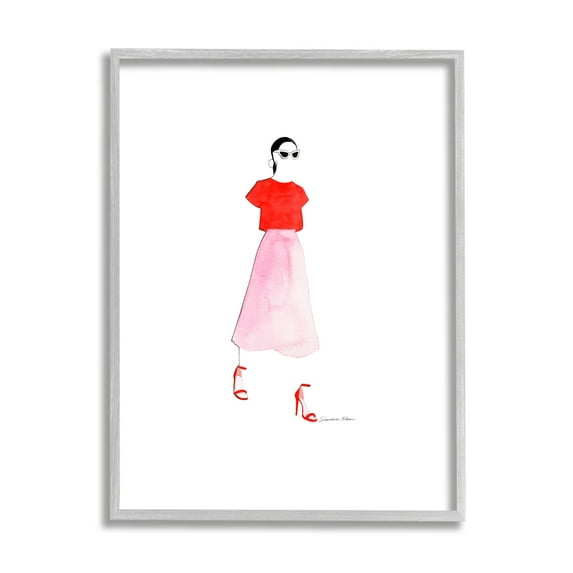 Stupell Industries Girl in Pink & Red Beauty & Fashion Painting Gray Framed Art Print Wall Art, 11 x 14