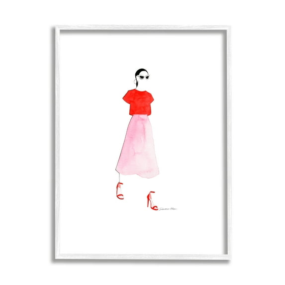 Stupell Girl in Pink & Red Beauty & Fashion Painting White Framed Art Print Wall Art, 24 x 30