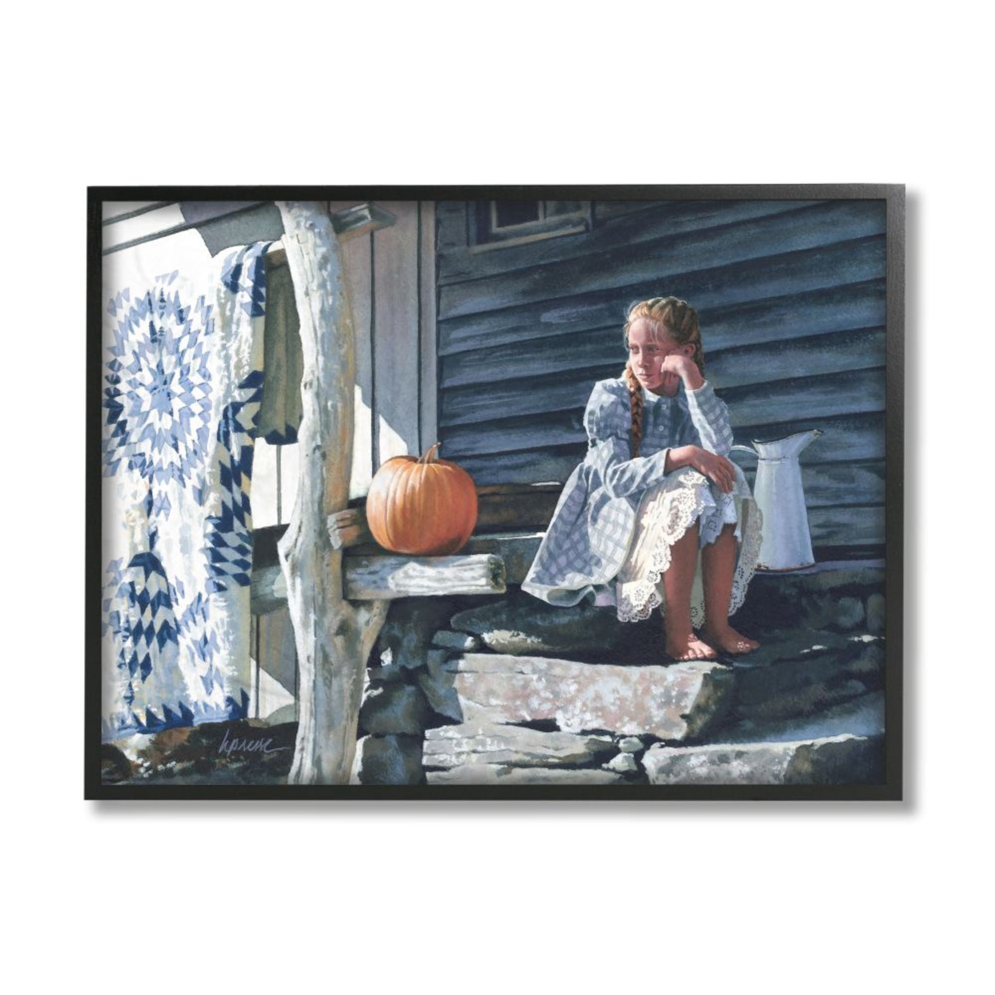 Stupell Industries Girl in Plaid Dress on Porch Geometric Quilt Design by Heide Presse, 11" x 14", Black Framed