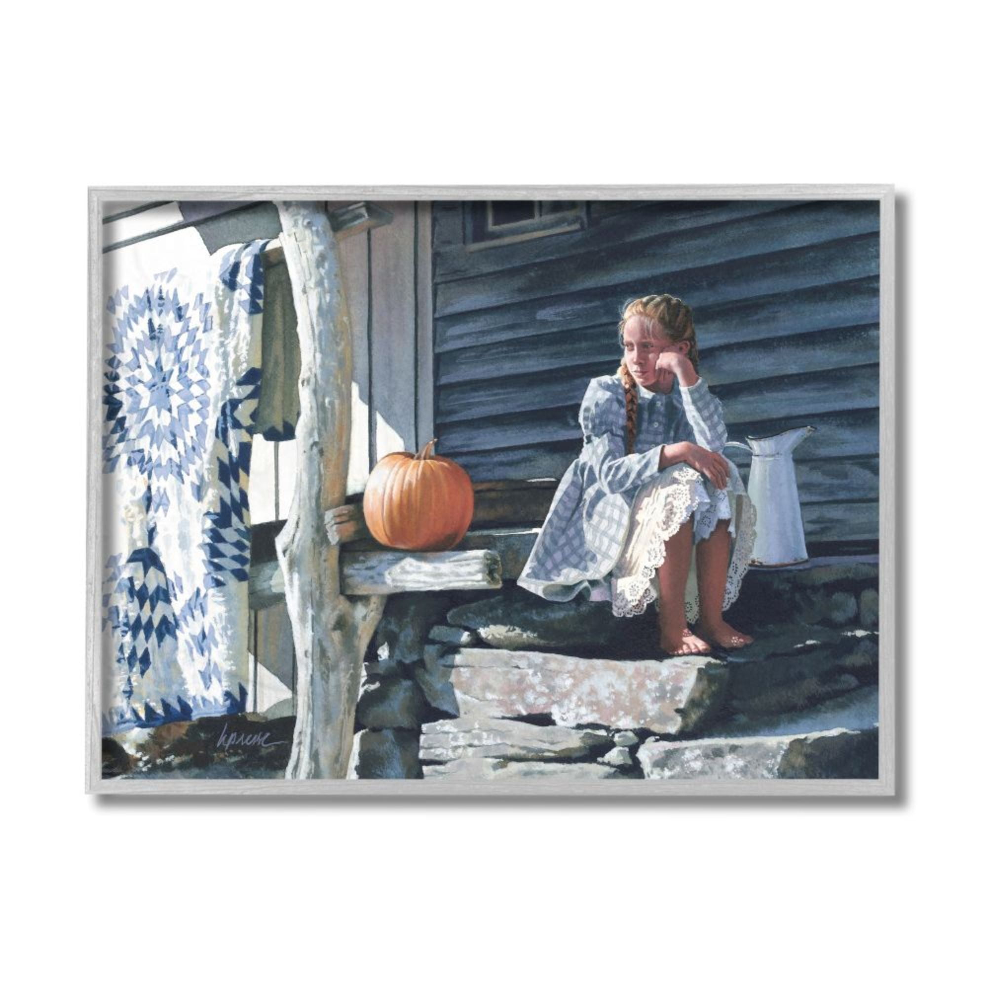 Stupell Industries Girl in Plaid Dress on Porch Geometric Quilt Design by Heide Presse, 11" x 14", Gray Framed