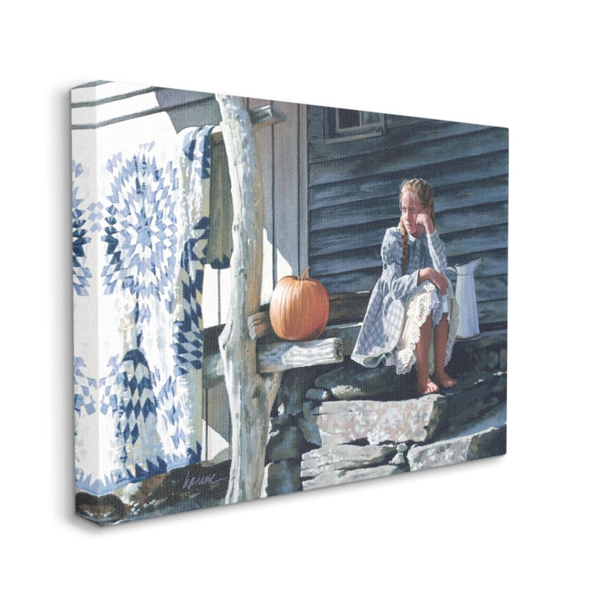 Stupell Industries Girl in Plaid Dress on Porch Geometric Quilt Design by Heide Presse, 24" x 30"