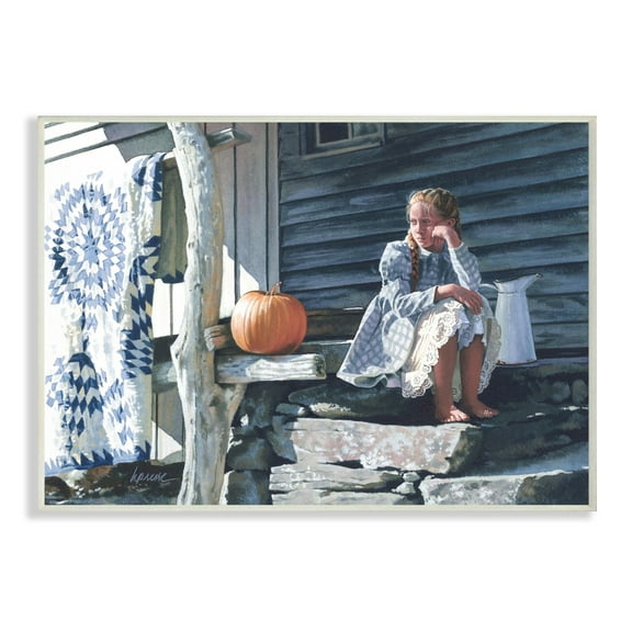 Stupell Industries Girl in Plaid Dress on Porch Geometric Quilt Design by Heide Presse