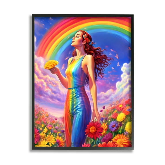 Stupell Industries Girl in Rainbow Meadow Botanical & Floral Painting Black Framed Art Print Wall Art, 24 x 30