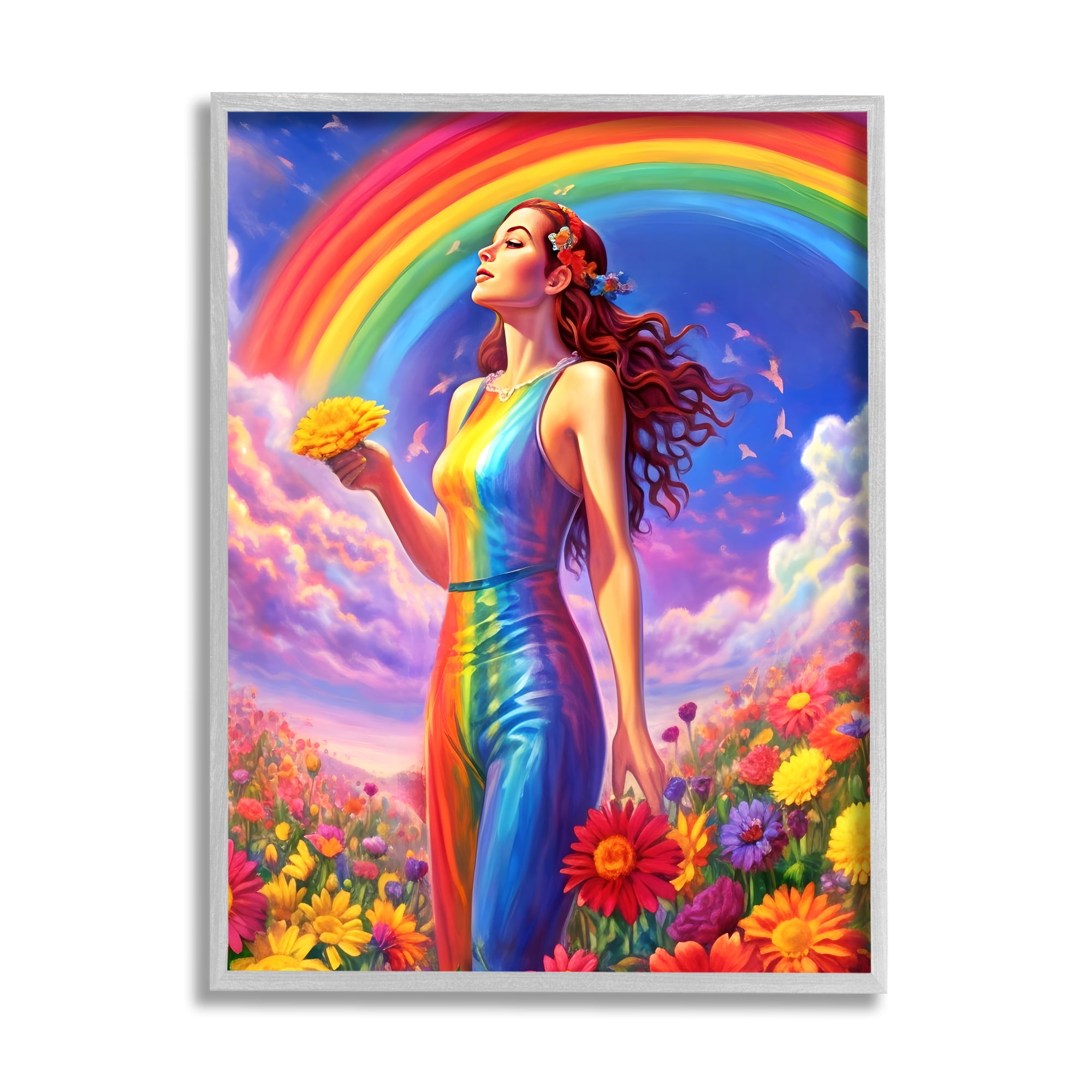 Stupell Industries Girl in Rainbow Meadow Botanical & Floral Painting Gray Framed Art Print Wall Art, 16 x 20