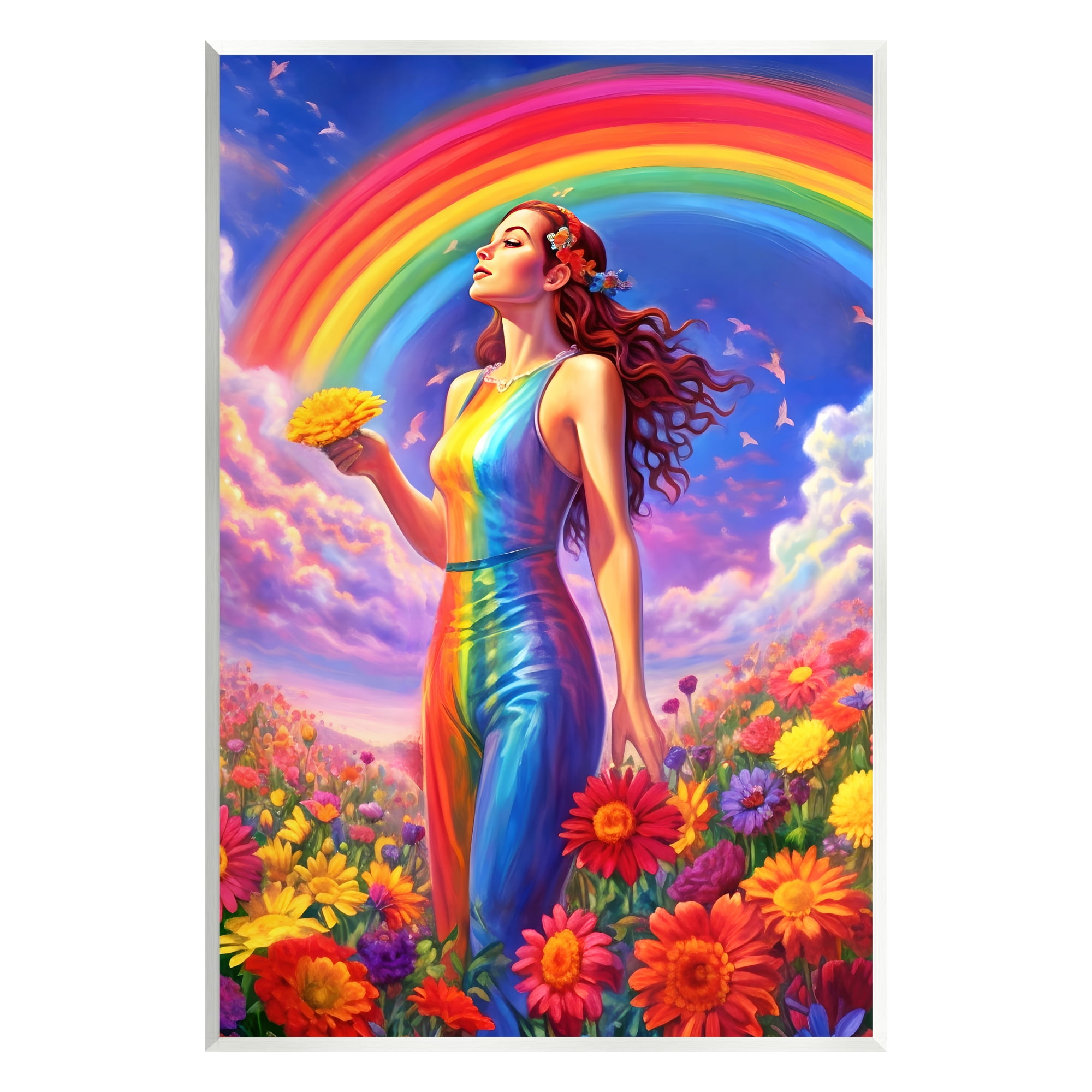 Stupell Industries Girl in Rainbow Meadow Botanical & Floral Painting Unframed Art Print Wall Art, 13 x 19