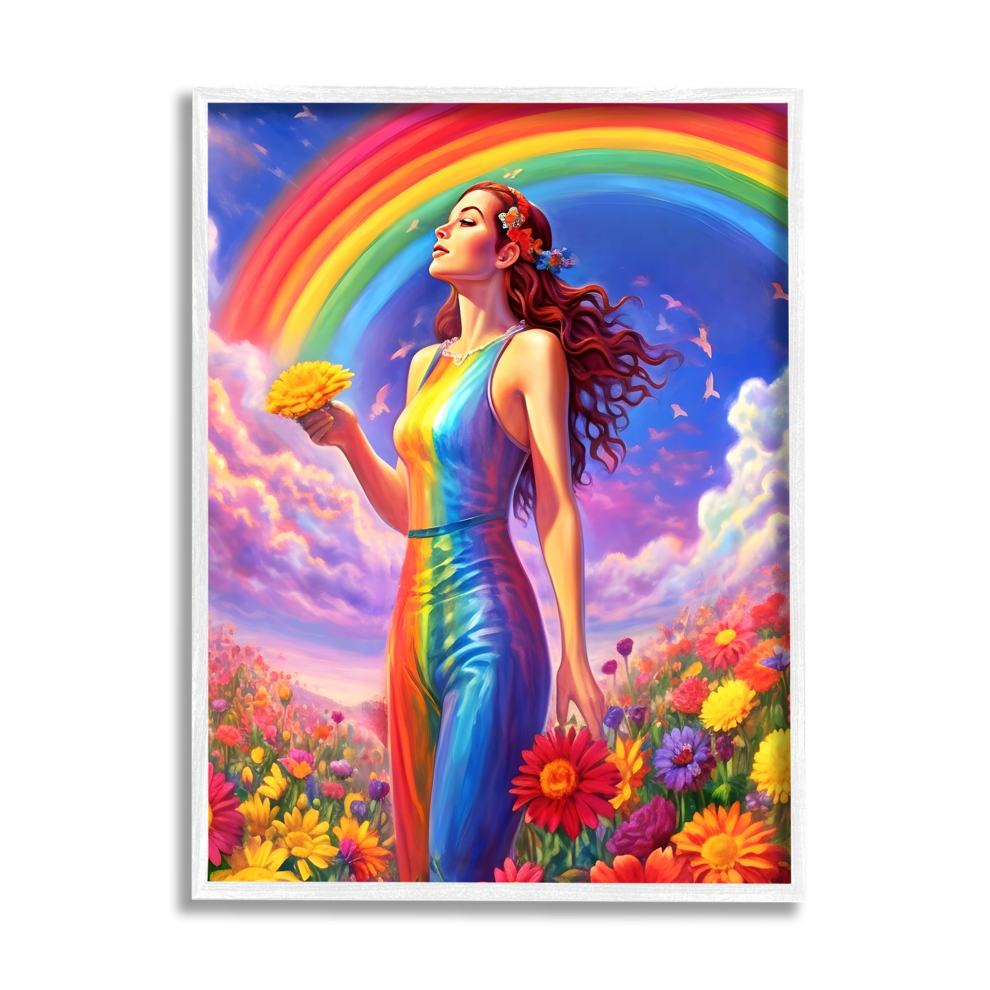 Stupell Industries Girl in Rainbow Meadow Botanical & Floral Painting White Framed Art Print Wall Art, 16 x 20