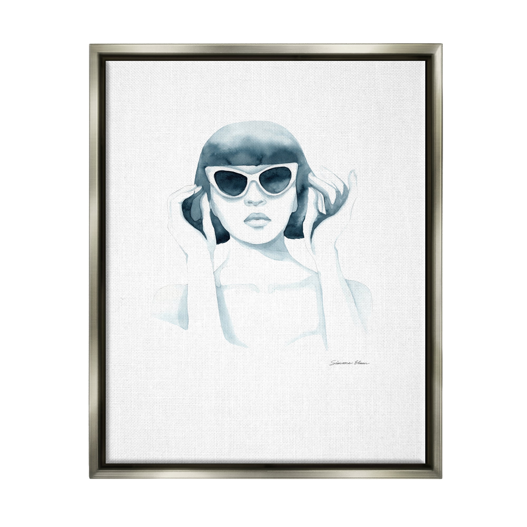 Stupell Industries Girl in Retro Sunglasses Beauty & Fashion Painting Gray Floater Framed Art Print Wall Art, 17 x 21