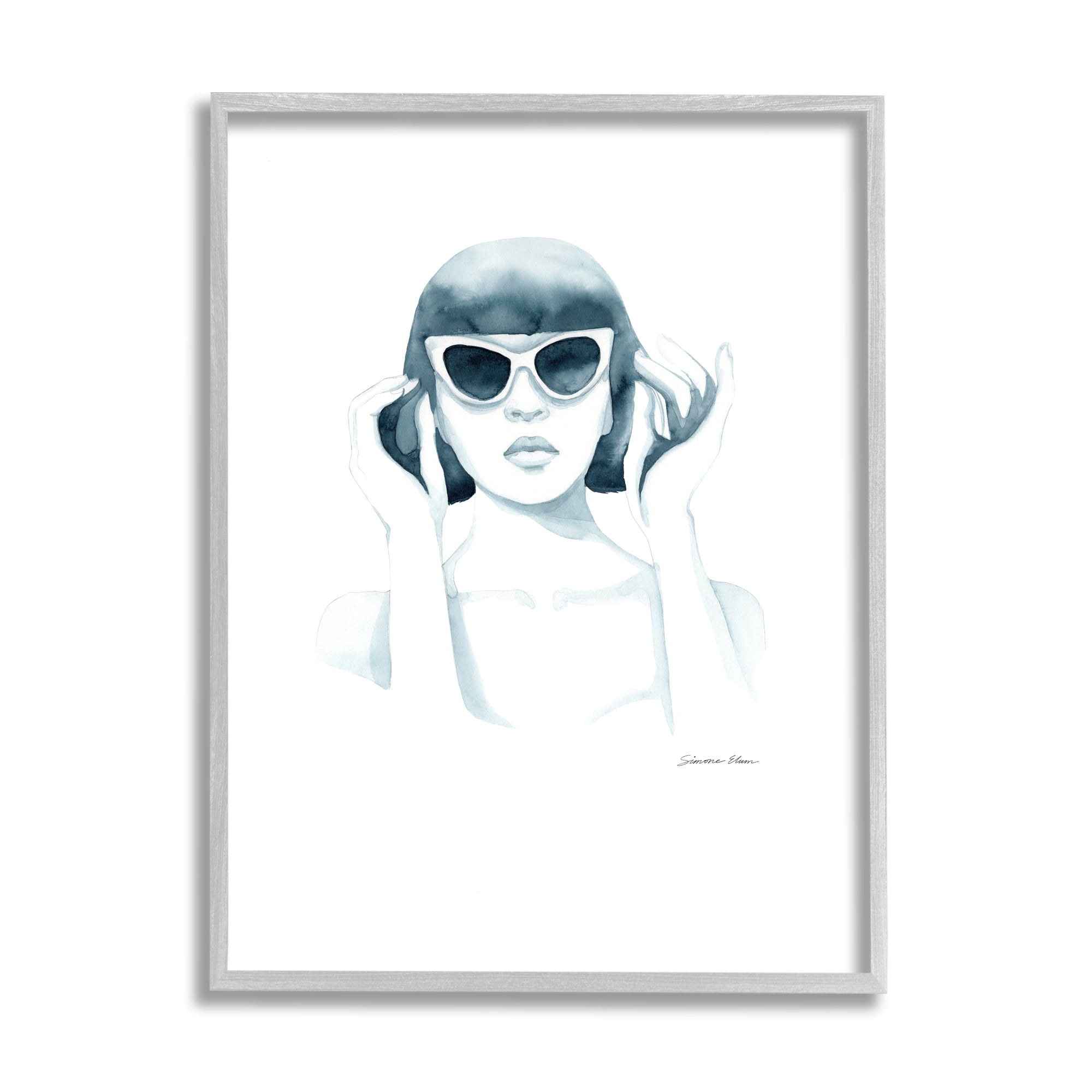 Stupell Industries Girl in Retro Sunglasses Beauty & Fashion Painting Gray Framed Art Print Wall Art, 16 x 20