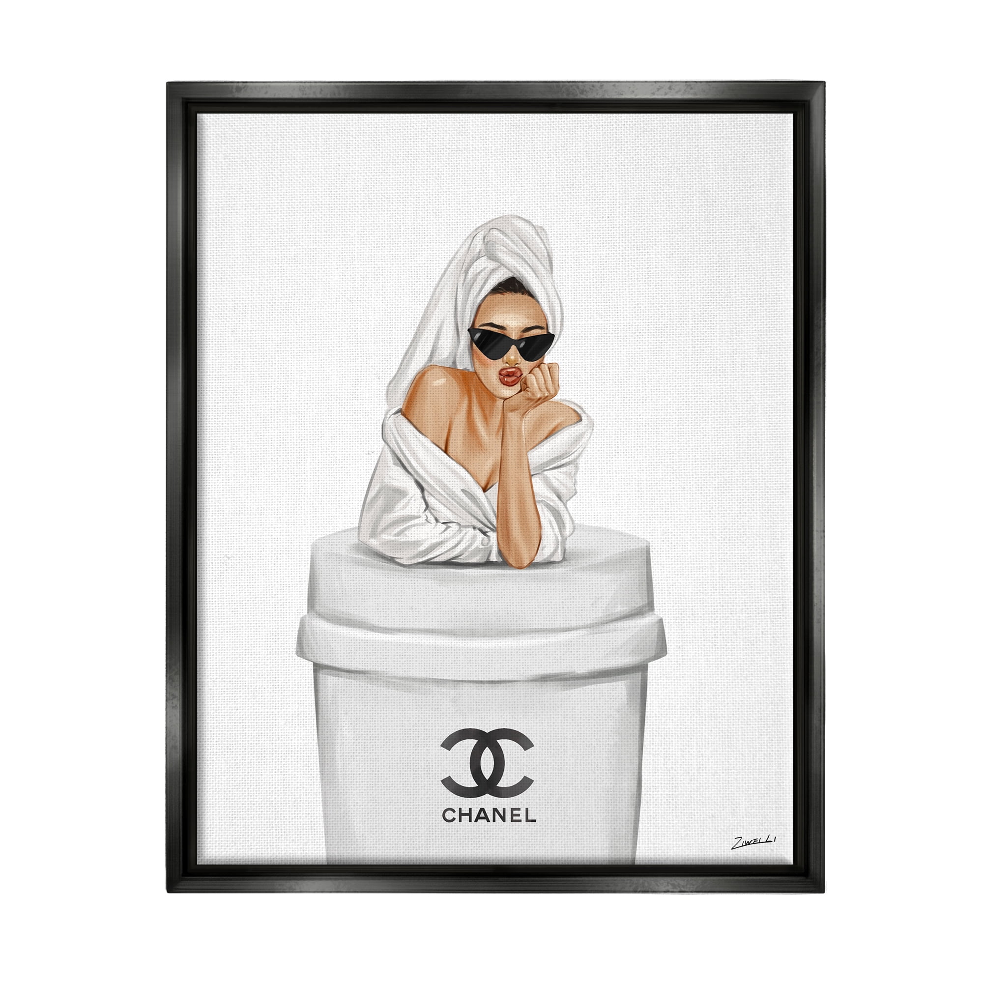 Stupell Industries Girl in Robe Morning Coffee Food & Beverage Painting Black Floater Framed Art Print Wall Art, 17 x 21