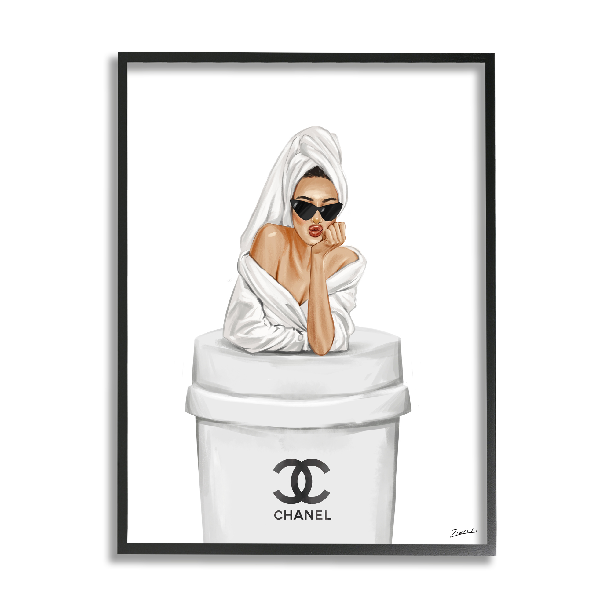 Stupell Industries Girl in Robe Morning Coffee Food & Beverage Painting Black Framed Art Print Wall Art, 24 x 30