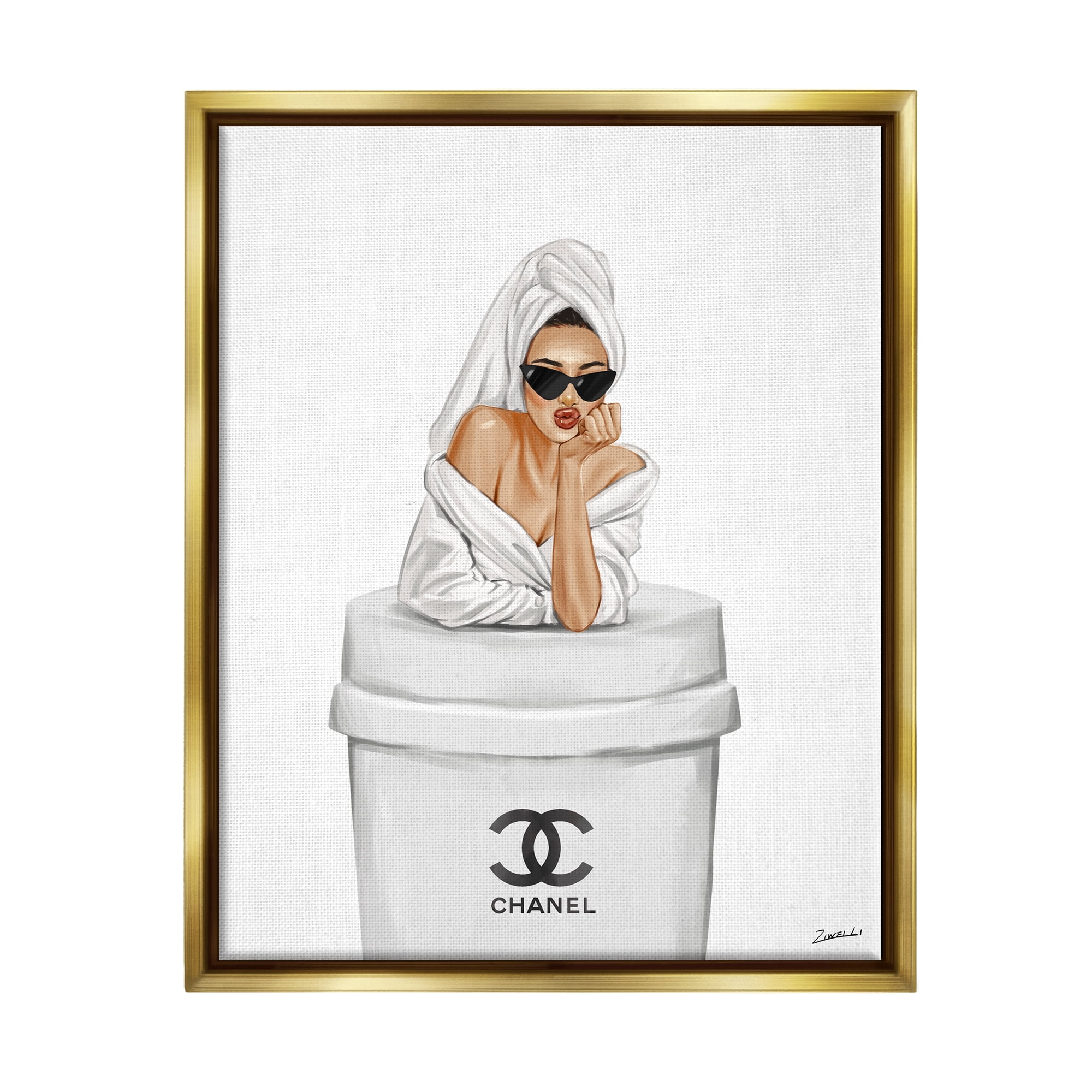 Stupell Industries Girl in Robe Morning Coffee Food & Beverage Painting Gold Floater Framed Art Print Wall Art, 25 x 31