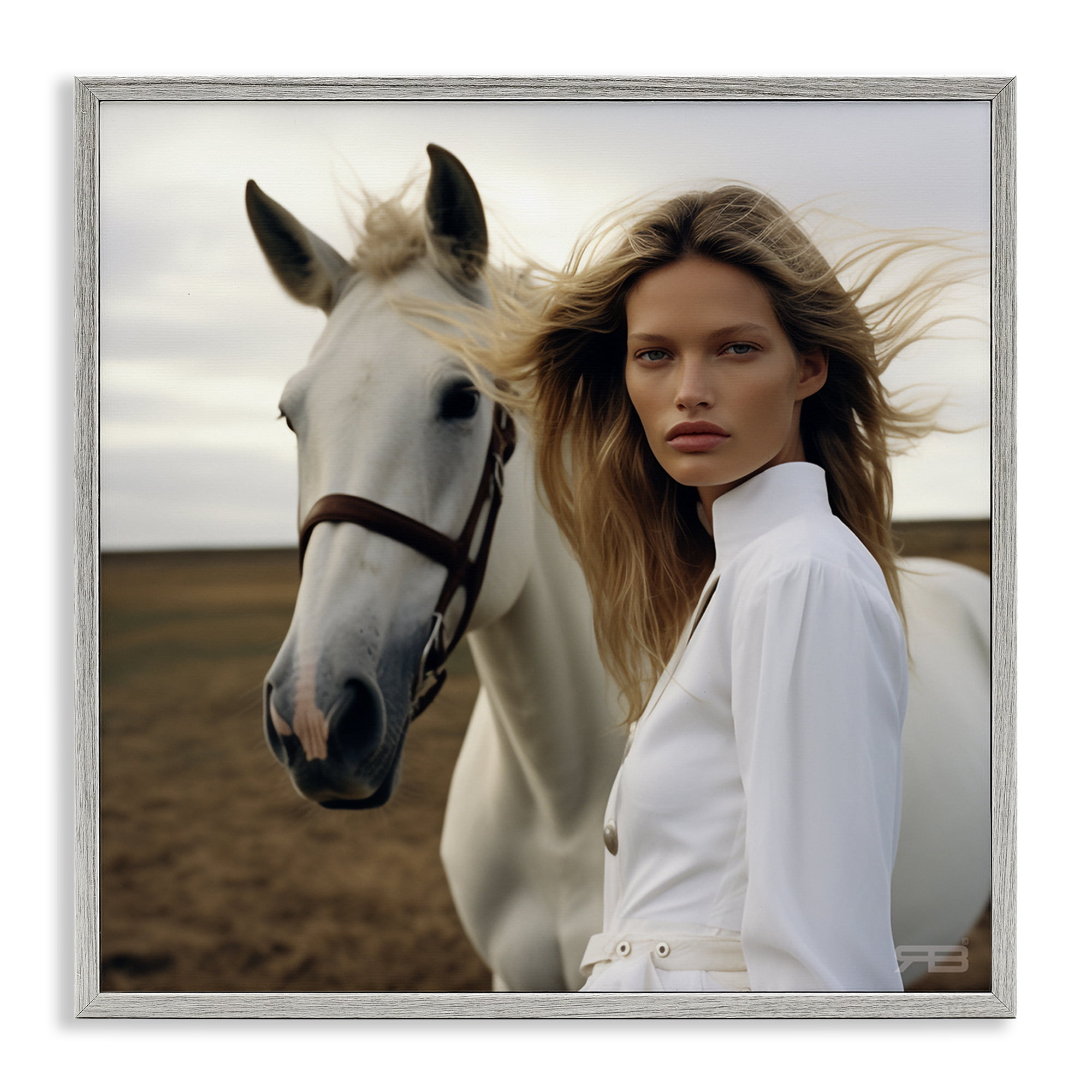 Stupell Industries Girl in White with Horse People Painting Gray Framed Art Print Wall Art, 24 x 24