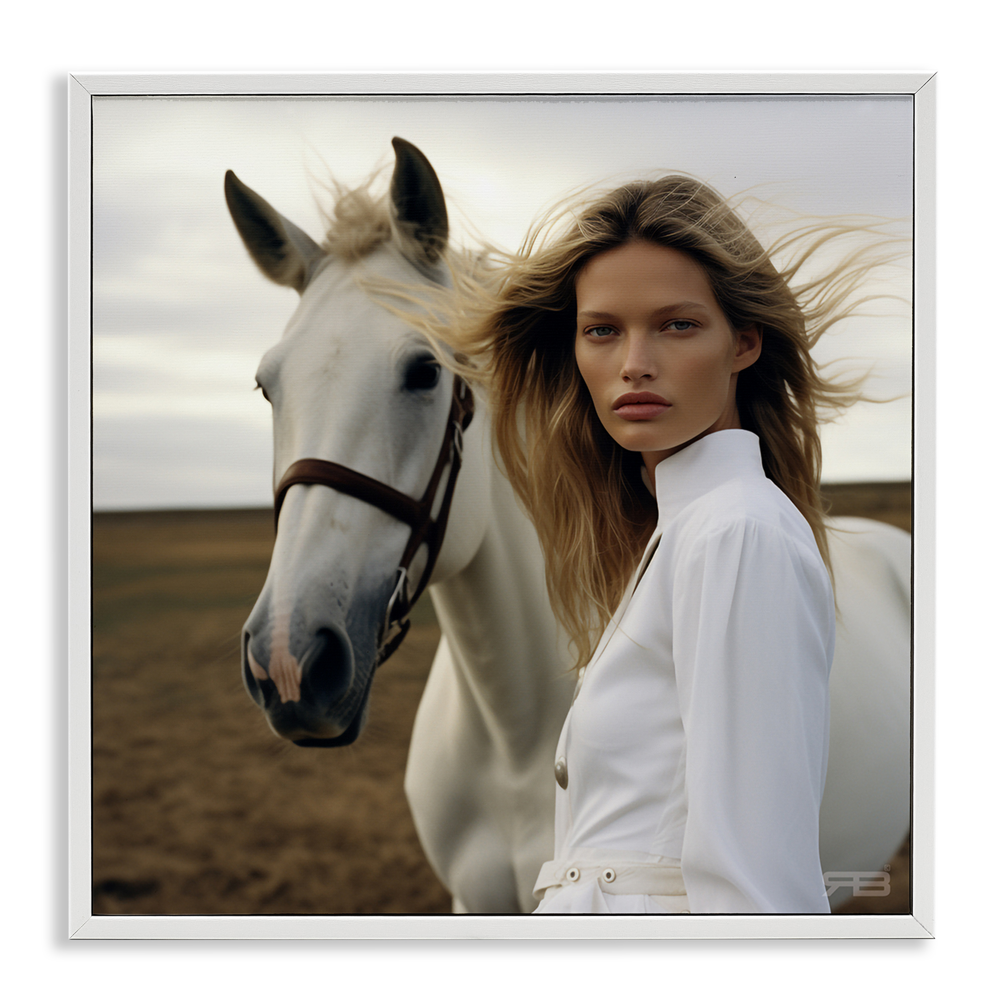 Stupell Industries Girl in White with Horse People Painting White Framed Art Print Wall Art, 24 x 24