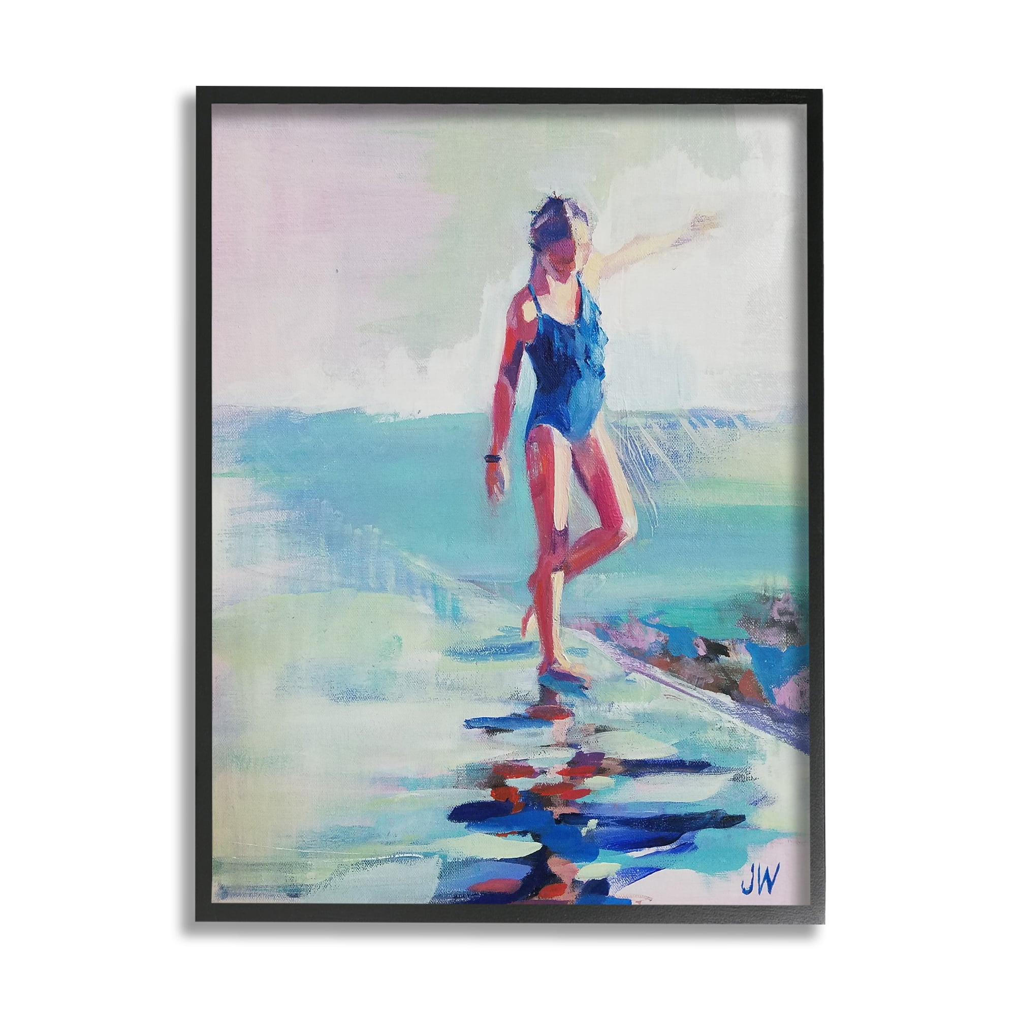 Stupell Industries Girl on Beach Abstraction Abstract Painting Black Framed Art Print Wall Art, 24 x 30
