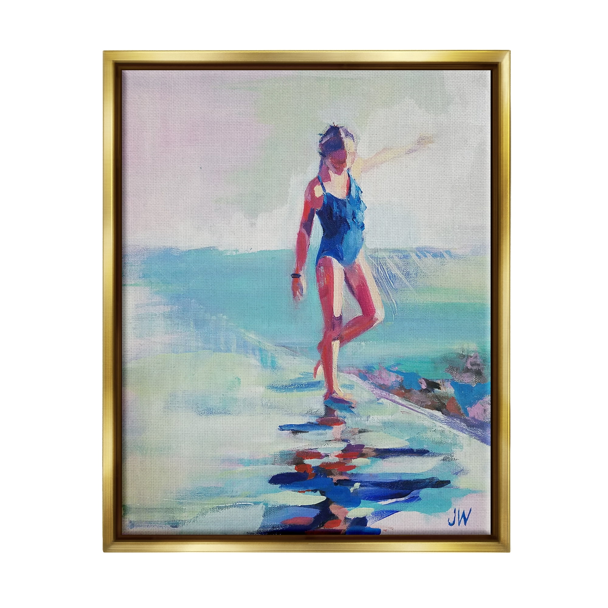 Stupell Industries Girl on Beach Abstraction Abstract Painting Gold Floater Framed Canvas Art Print Wall Art, 17 x 21