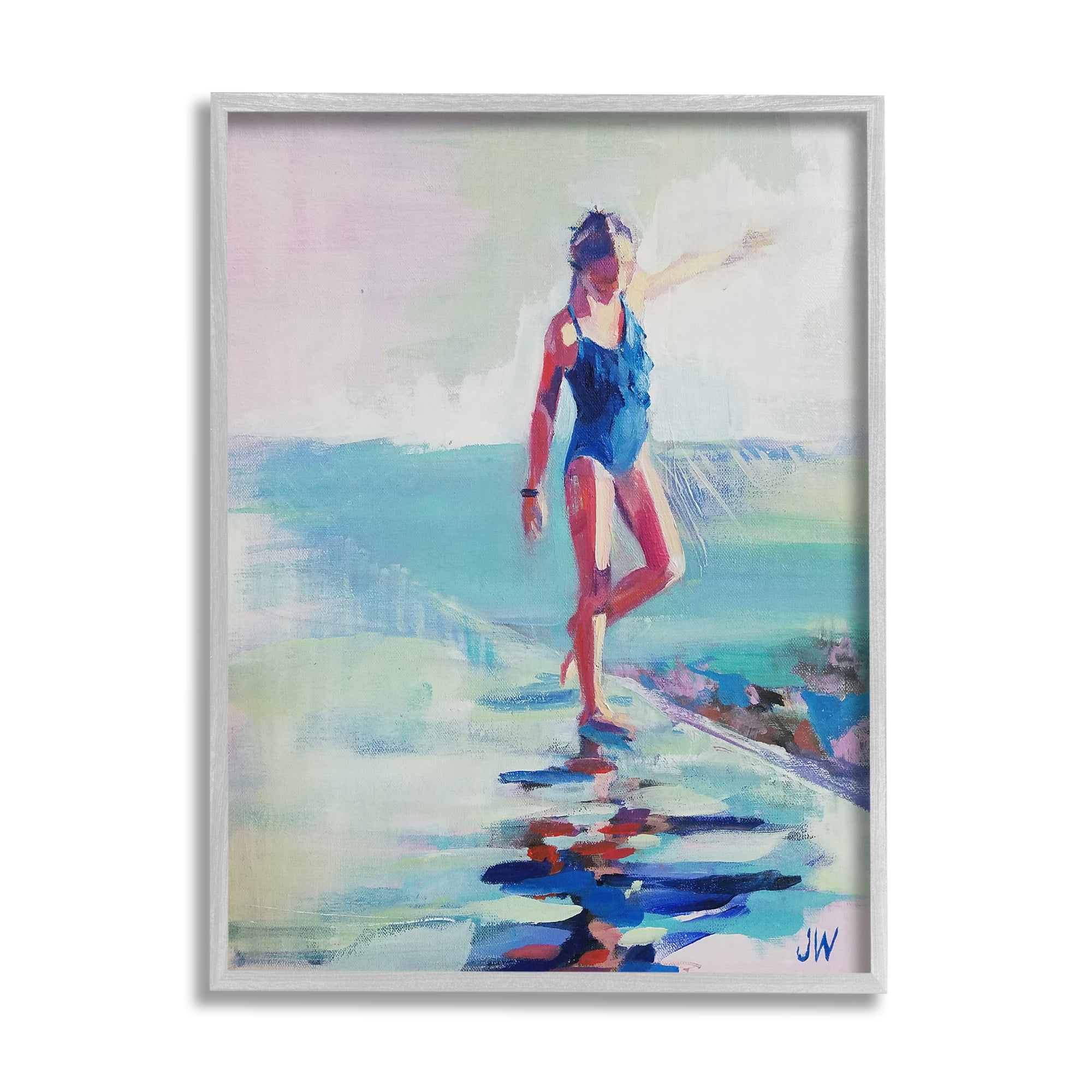 Stupell Industries Girl on Beach Abstraction Abstract Painting Gray Framed Art Print Wall Art, 16 x 20