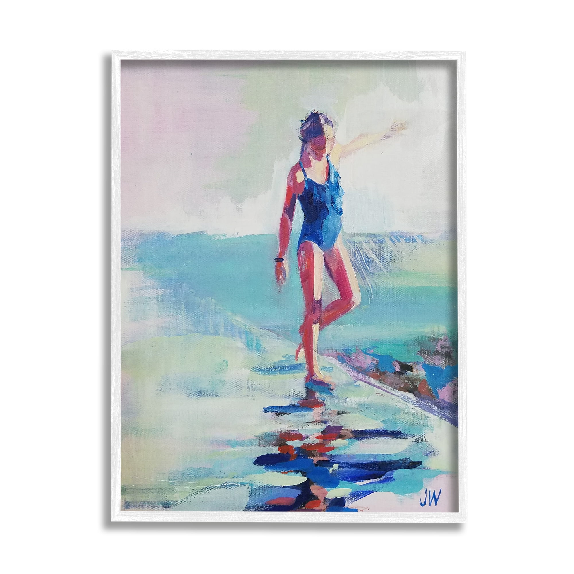 Stupell Industries Girl on Beach Abstraction Abstract Painting White Framed Art Print Wall Art, 16 x 20