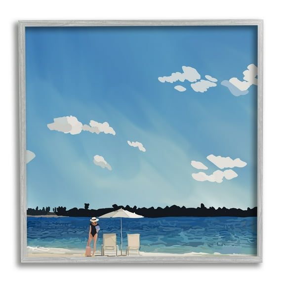 Stupell Industries Girl on Beach Horizon Nature Painting Gray Framed Art Print Wall Art, 17 x 17
