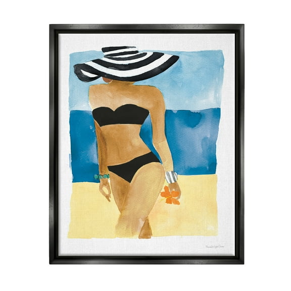 Stupell Industries Girl on Beach Painting Nature Painting Black Floater Framed Art Print Wall Art, 17 x 21