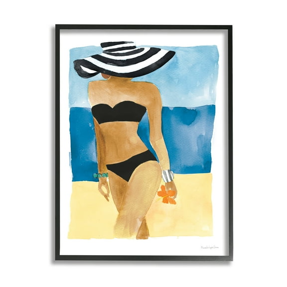 Stupell Industries Girl on Beach Painting Nature Painting Black Framed Art Print Wall Art, 11 x 14