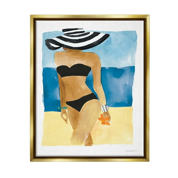 Stupell Industries Girl on Beach Painting Nature Painting Gold Floater Framed Art Print Wall Art, 17 x 21