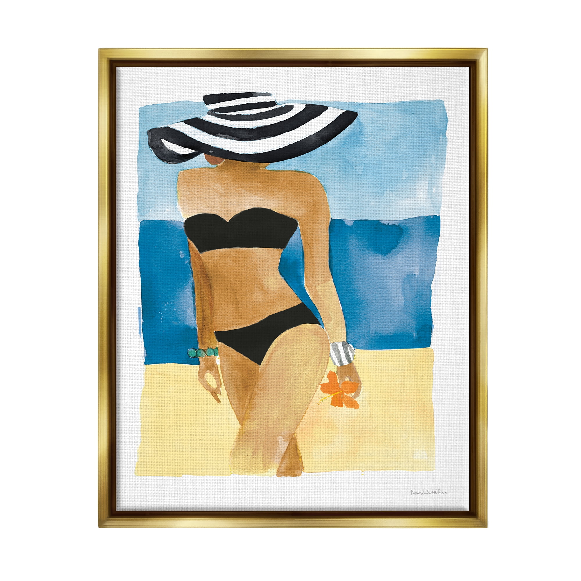 Stupell Industries Girl on Beach Painting Nature Painting Gold Floater Framed Art Print Wall Art, 25 x 31