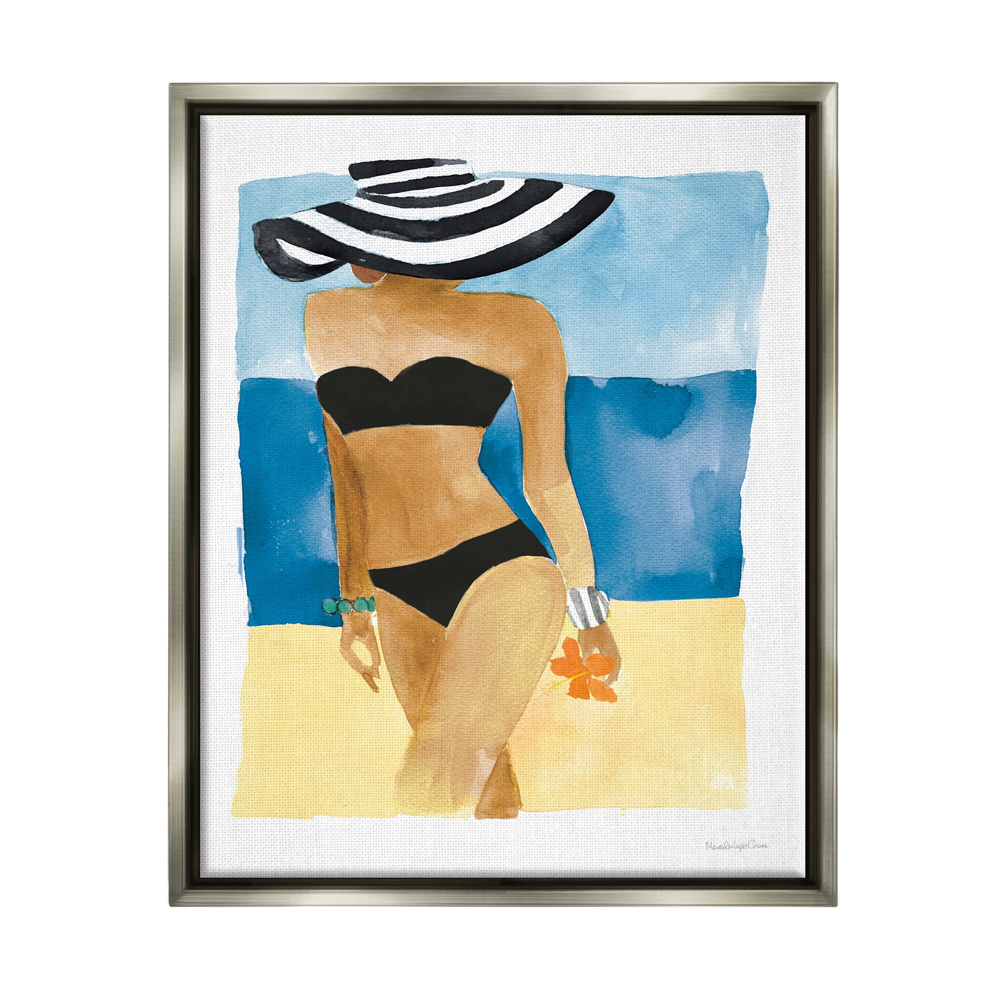 Stupell Industries Girl on Beach Painting Nature Painting Gray Floater Framed Art Print Wall Art, 17 x 21