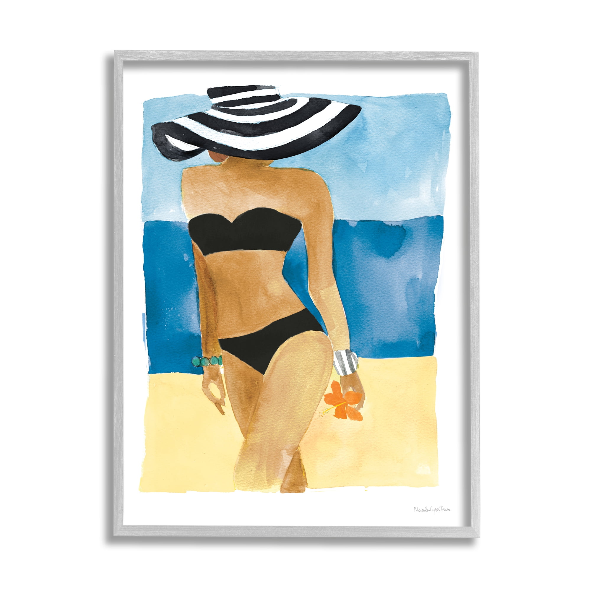 Stupell Industries Girl on Beach Painting Nature Painting Gray Framed Art Print Wall Art, 16 x 20
