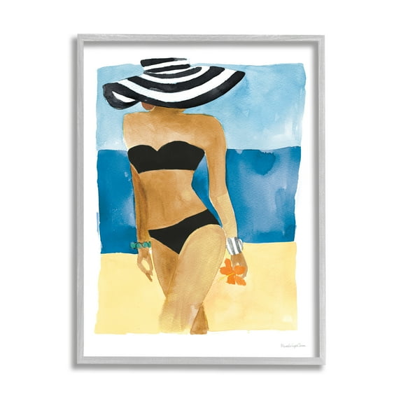 Stupell Industries Girl on Beach Painting Nature Painting Gray Framed Art Print Wall Art, 24 x 30