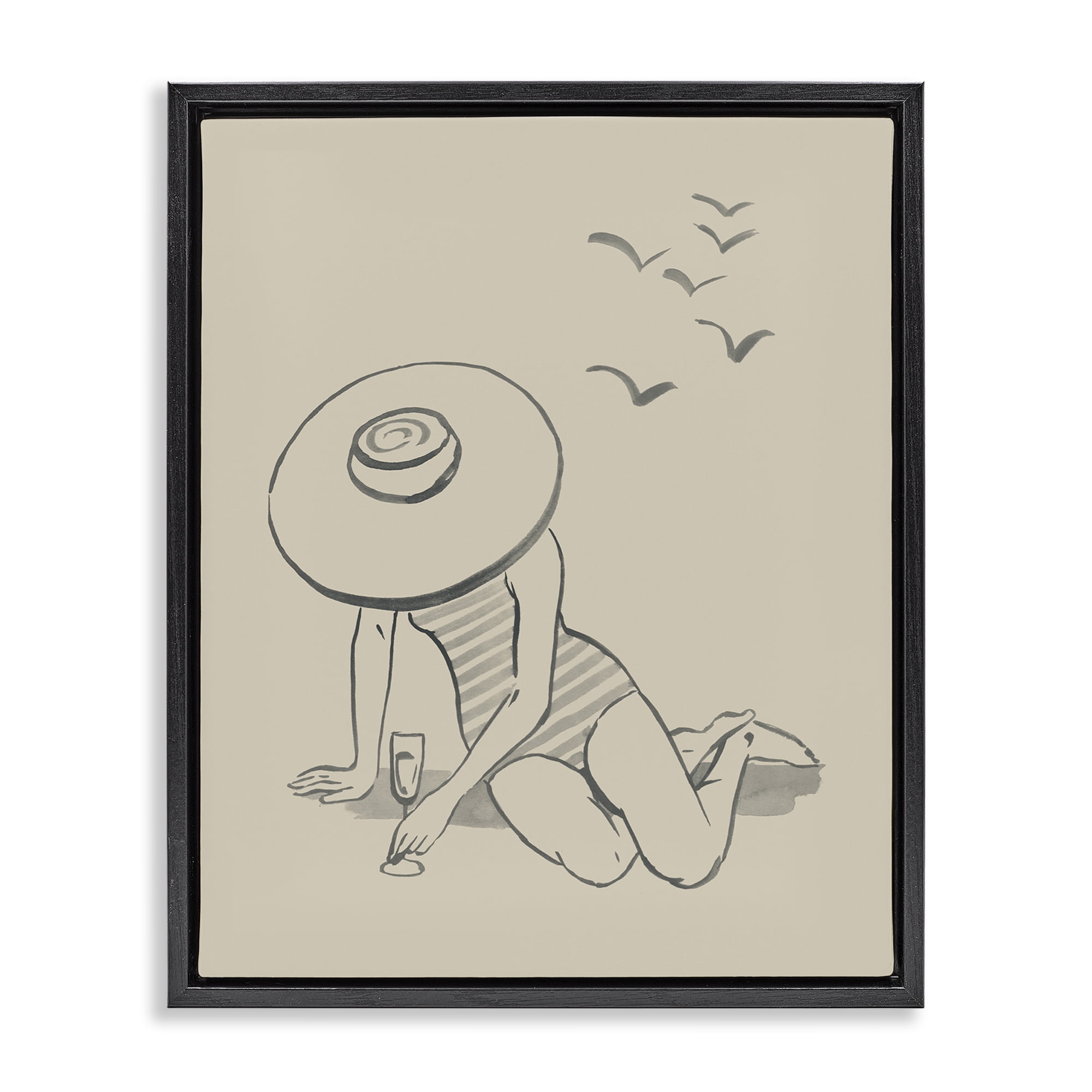 Stupell Industries Girl on Beach Sketch Novelty Drawing Black Floater Framed Canvas Art Print Wall Art, 25 x 31
