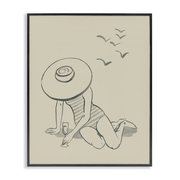 Stupell Industries Girl on Beach Sketch Novelty Drawing Black Framed Art Print Wall Art, 11 x 14