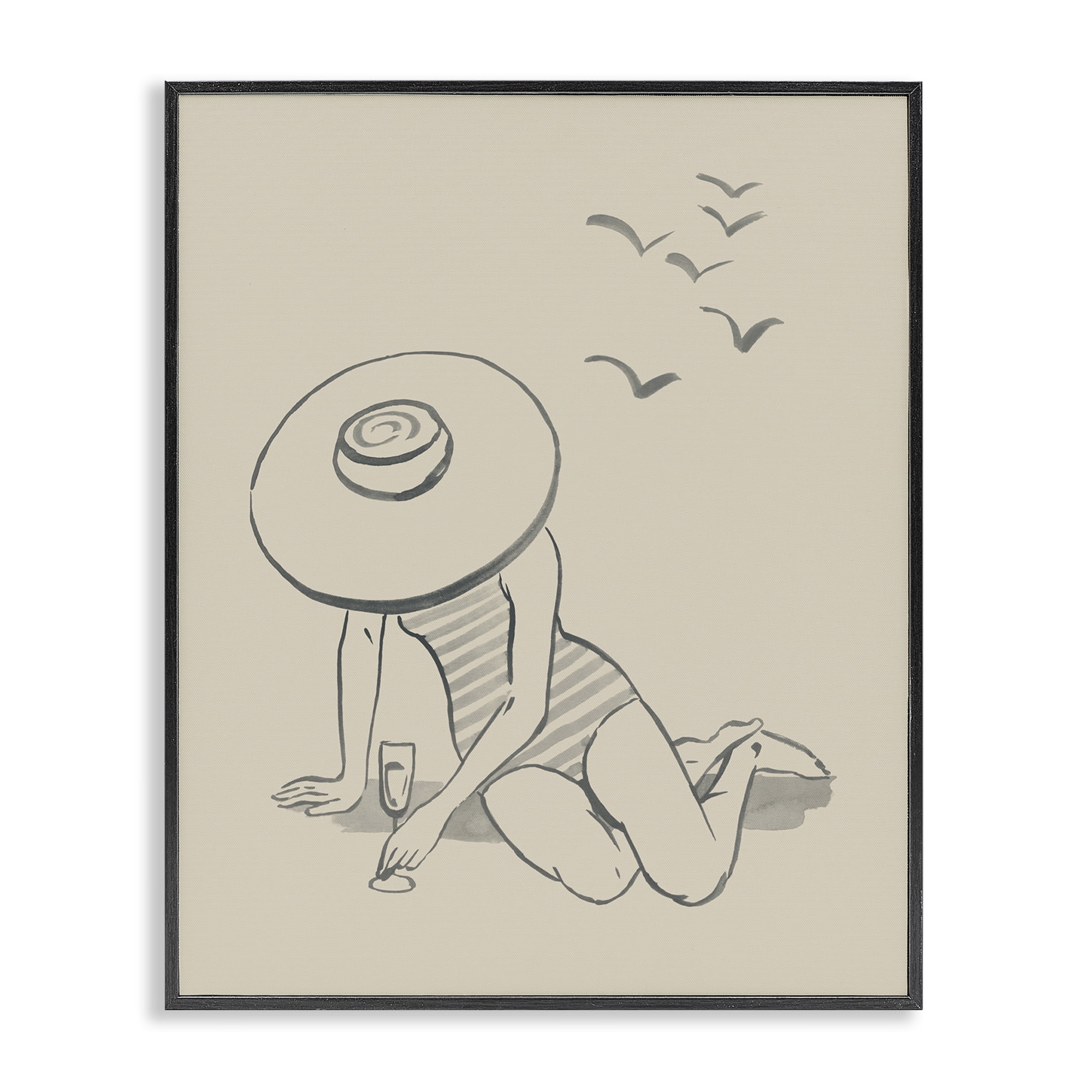 Stupell Industries Girl on Beach Sketch Novelty Drawing Black Framed Art Print Wall Art, 24 x 30