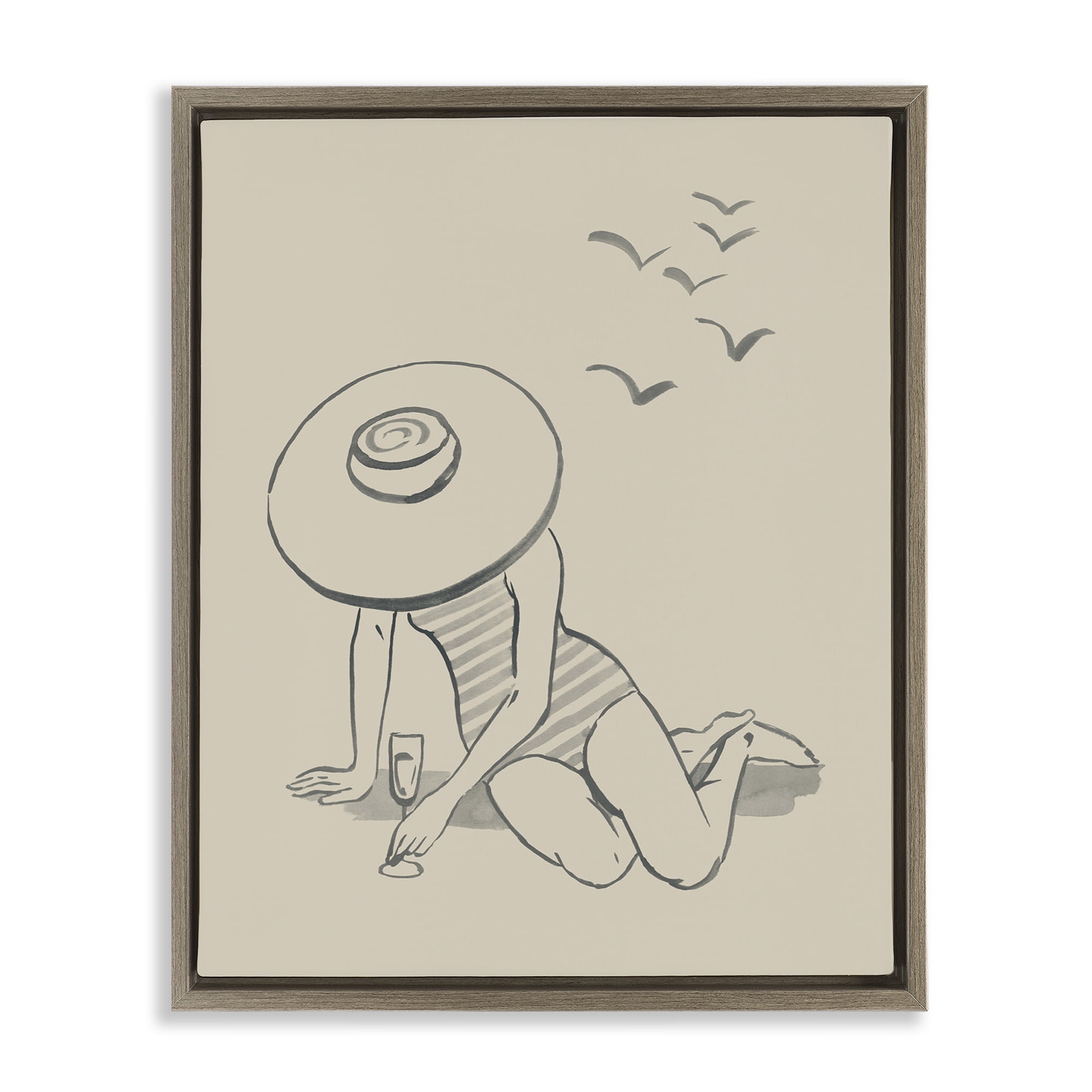 Stupell Industries Girl on Beach Sketch Novelty Drawing Brown Floater Framed Canvas Art Print Wall Art, 17 x 21