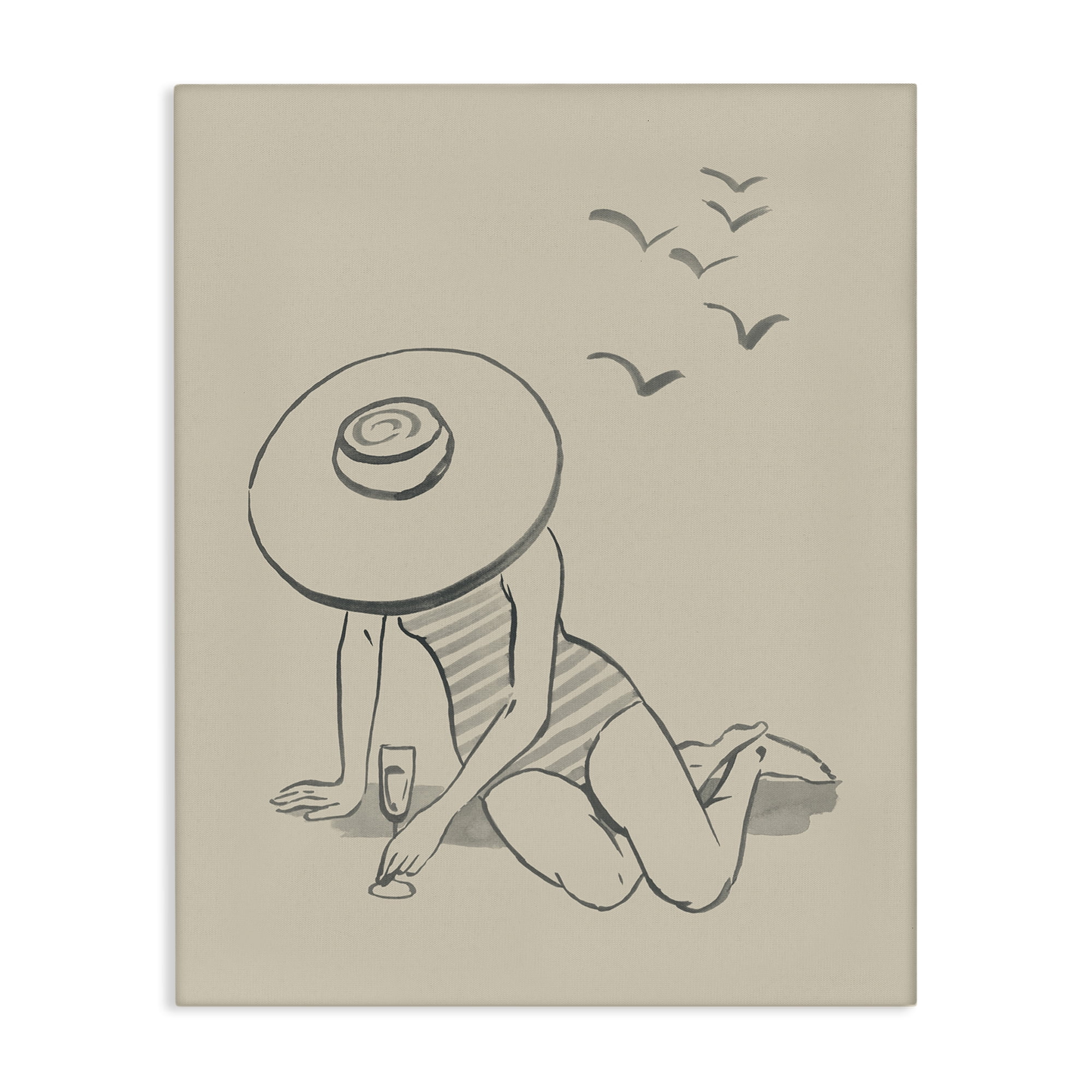 Stupell Industries Girl on Beach Sketch Novelty Drawing Gallery Wrapped Canvas Art Print Wall Art, 16 x 20