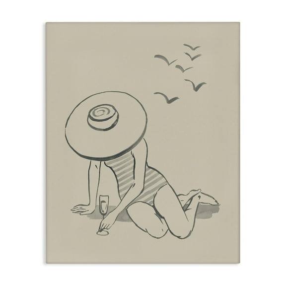 Stupell Industries Girl on Beach Sketch Novelty Drawing Gallery Wrapped Canvas Art Print Wall Art, 16 x 20