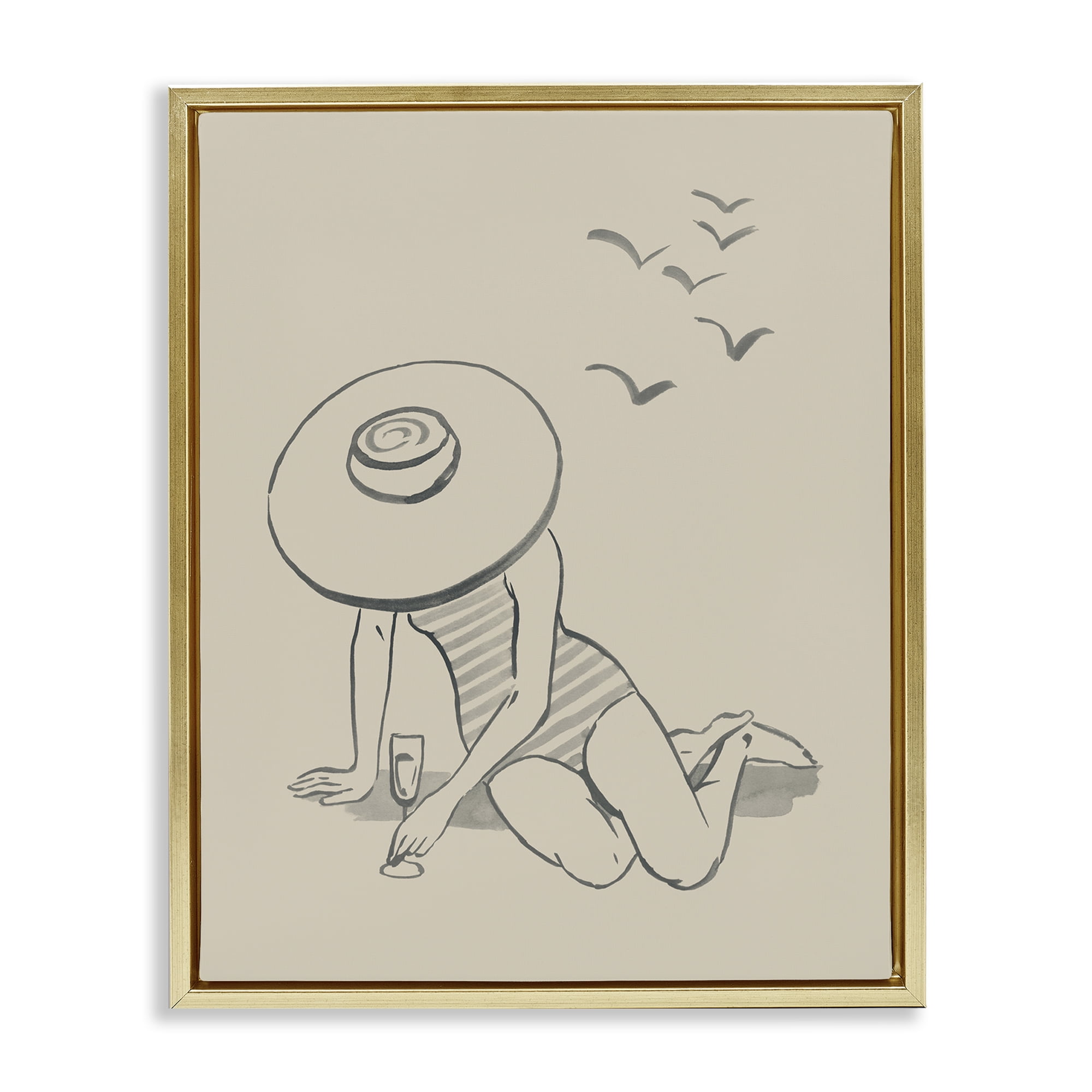 Stupell Industries Girl on Beach Sketch Novelty Drawing Gold Floater Framed Canvas Art Print Wall Art, 25 x 31