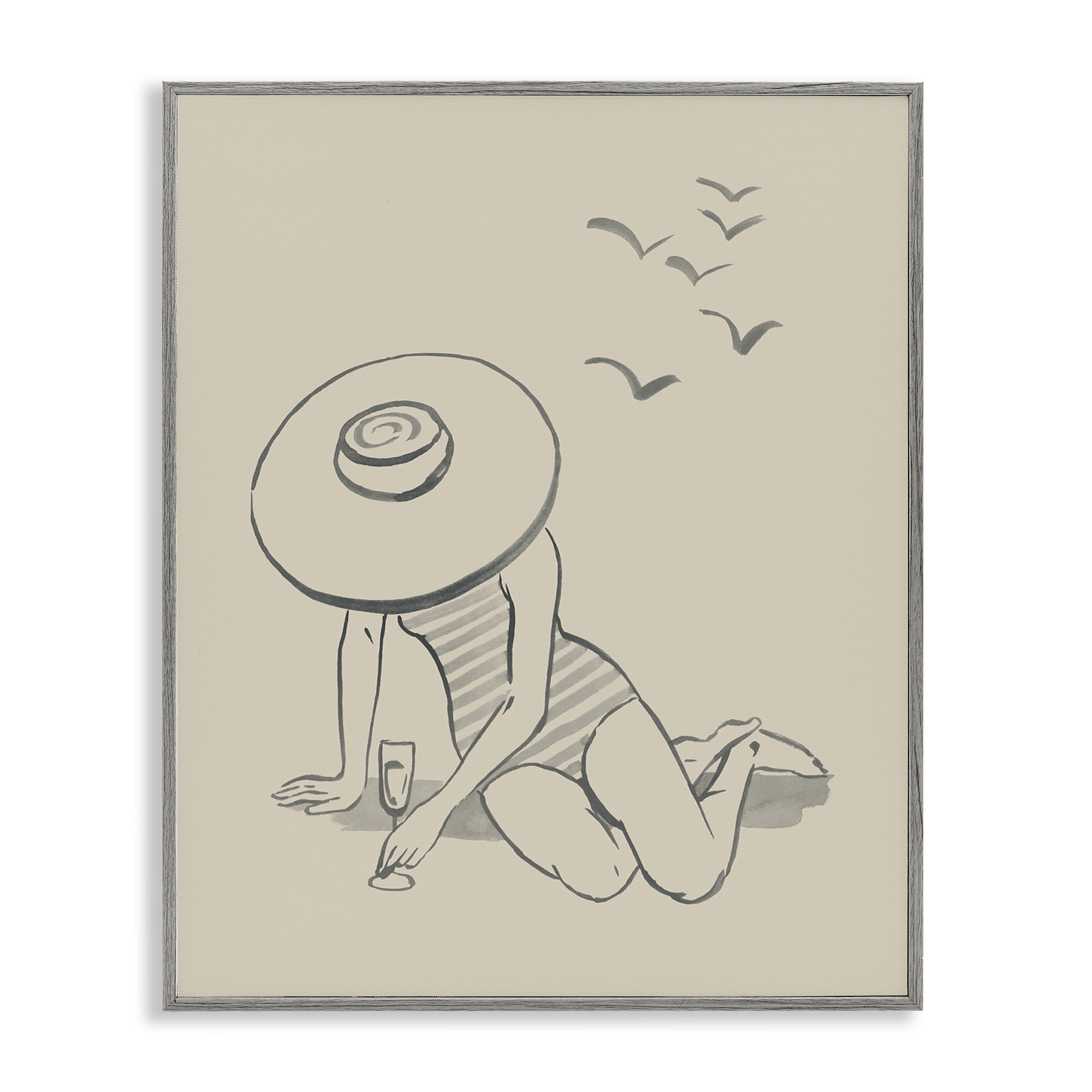 Stupell Industries Girl on Beach Sketch Novelty Drawing Gray Framed Art Print Wall Art, 24 x 30